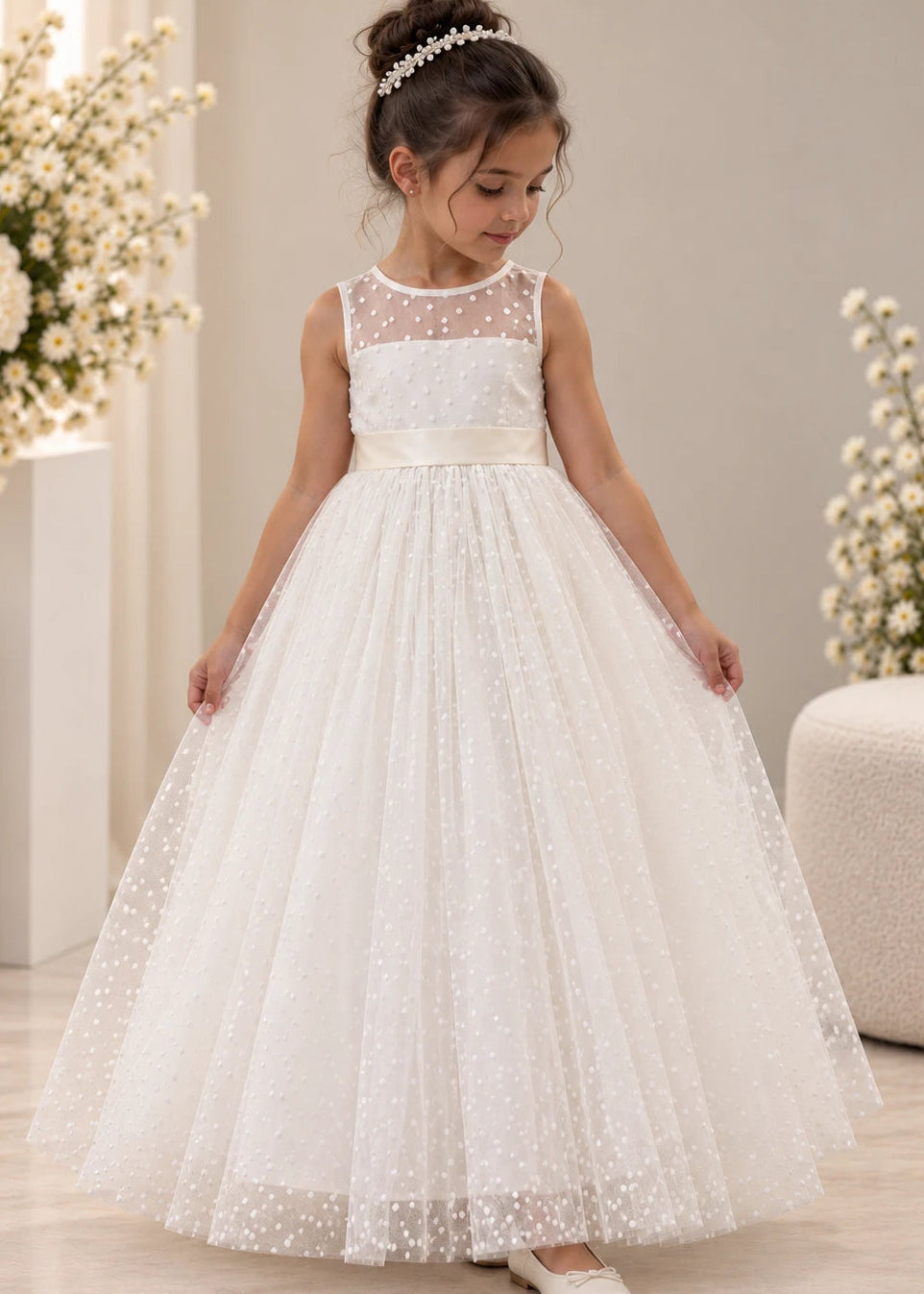 Flower Girl Dress Ivory - Sheer Neck Polka Dot Tulle Dress