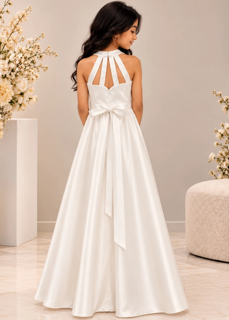Girl Dress Ivory -Straps Back Satin Dress