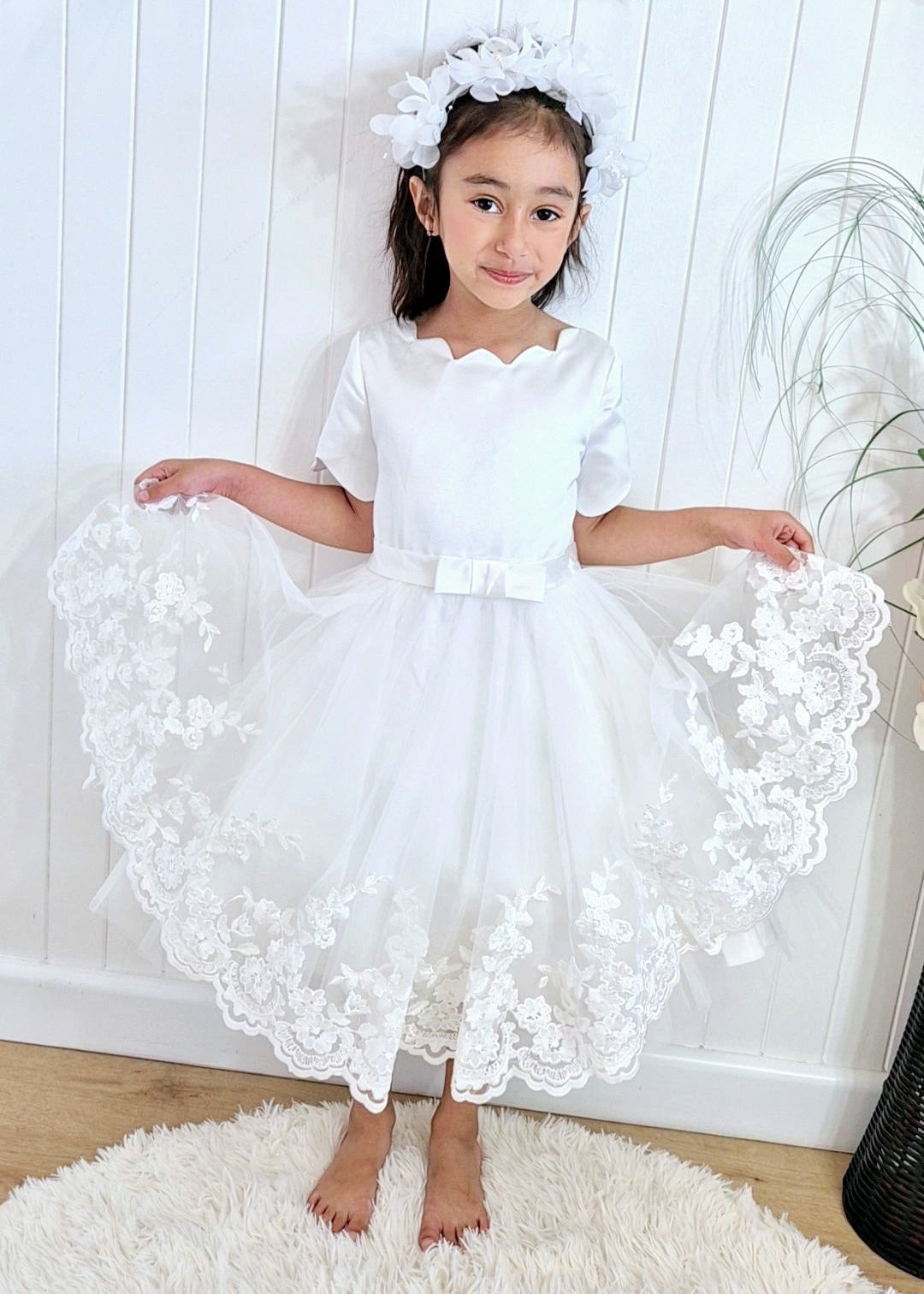 Flower Girl Dress Short Sleeve Ivory Front