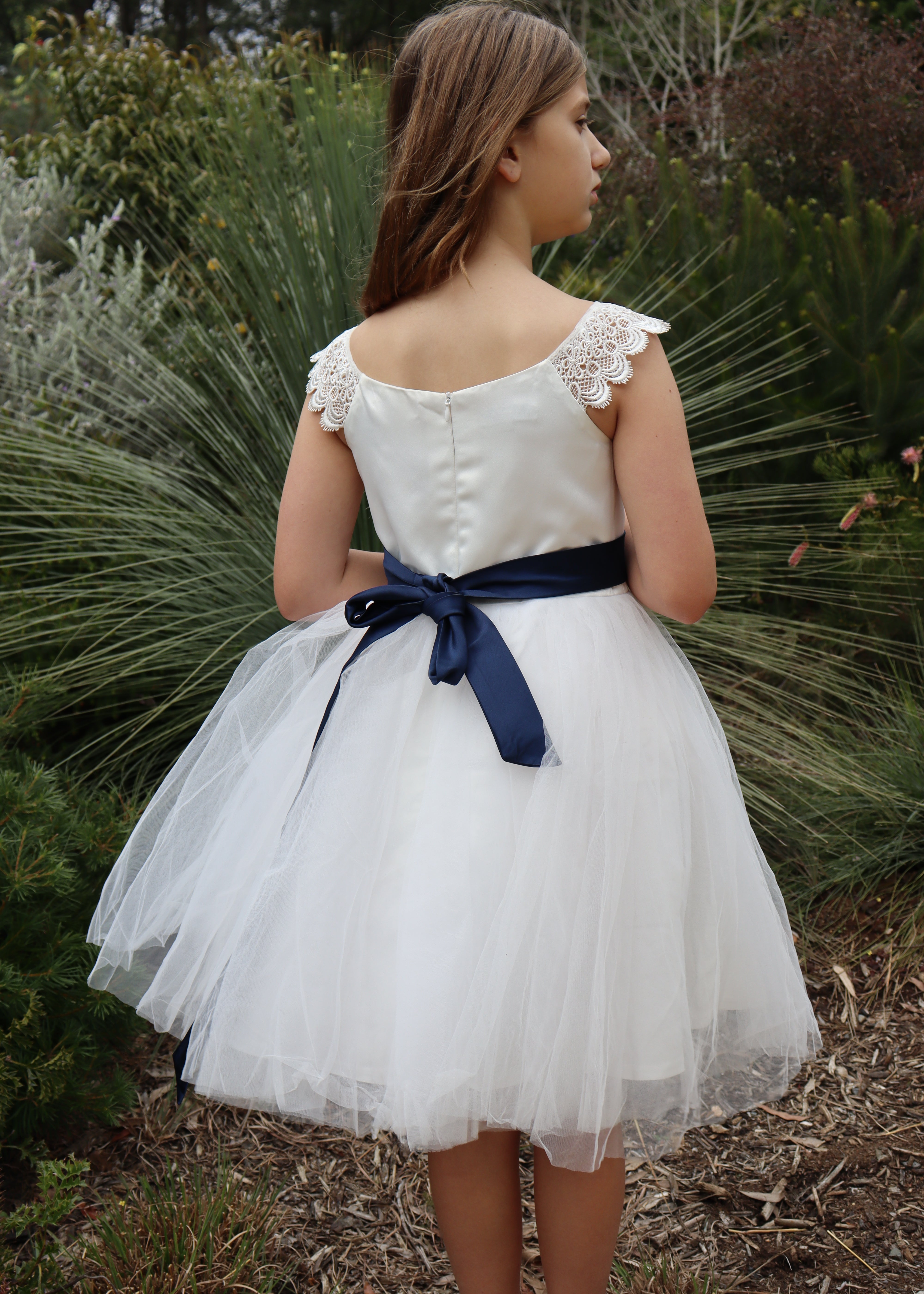 Ivory Flower girl dress with navy belt