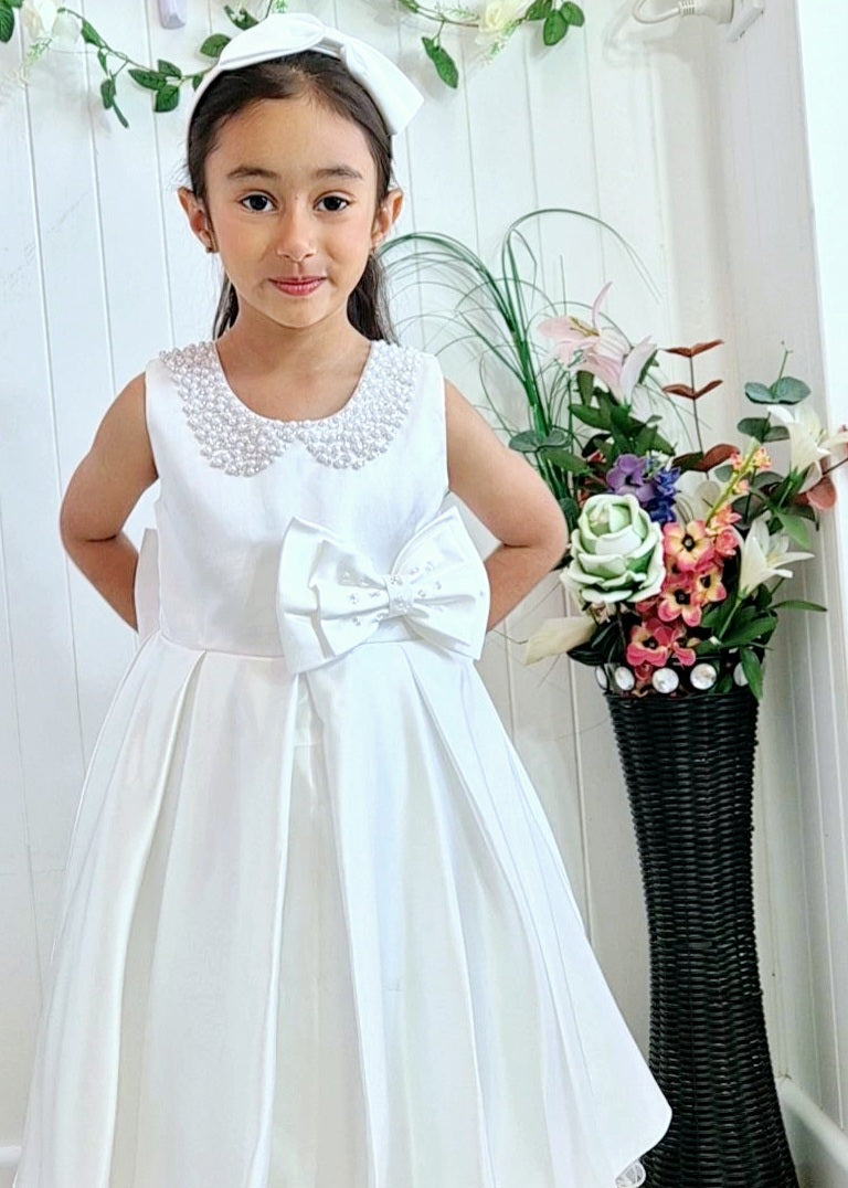 Aamrya Dress With Headband- Pearls and Bow