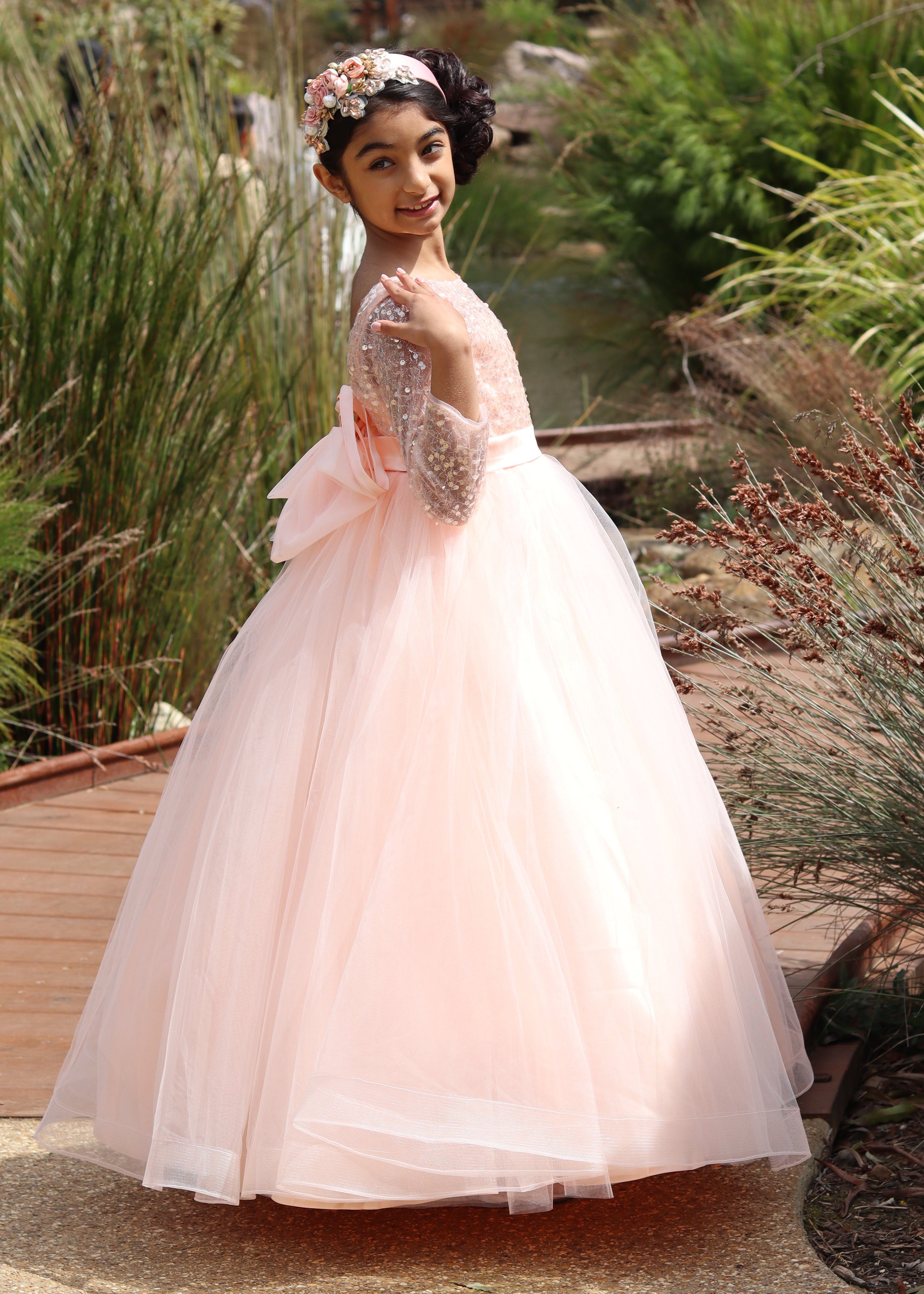 Girls Full Sleeve Flower Girl Dress - Peach Gown