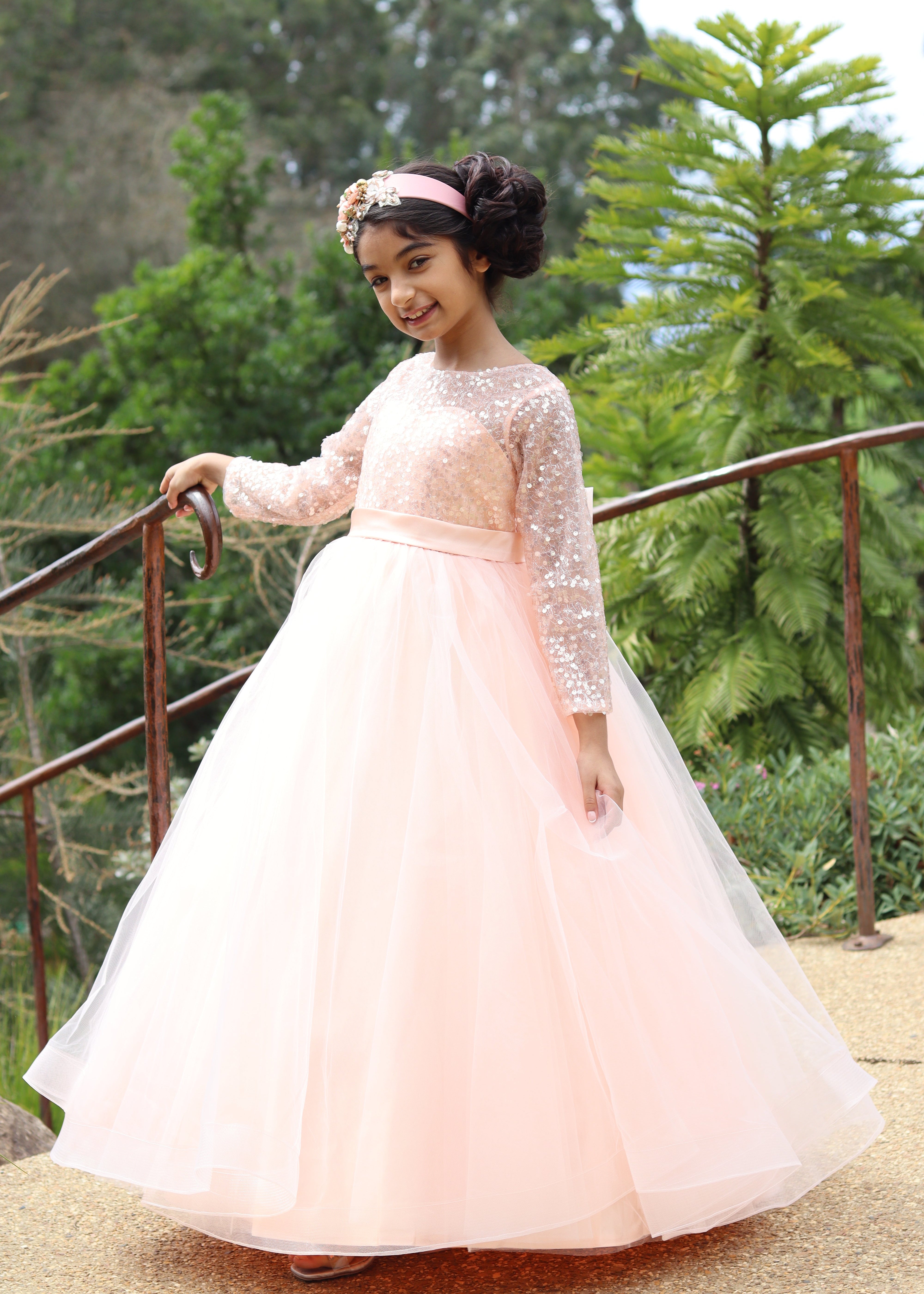 Girls Full Sleeve Flower Girl Dress - Peach Gown