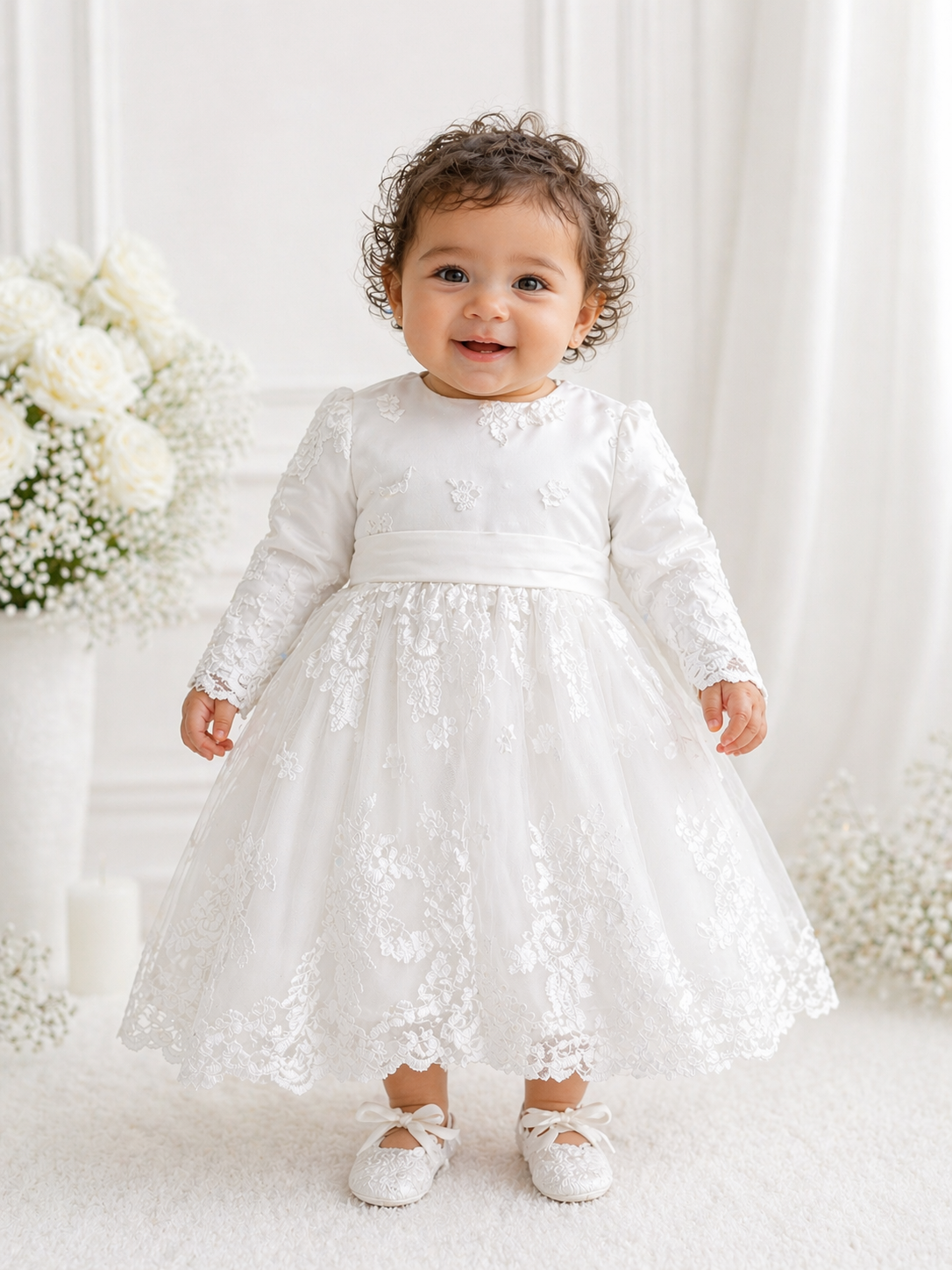 Full Sleeve Lace Christening Dress With Bonnet And Shoe