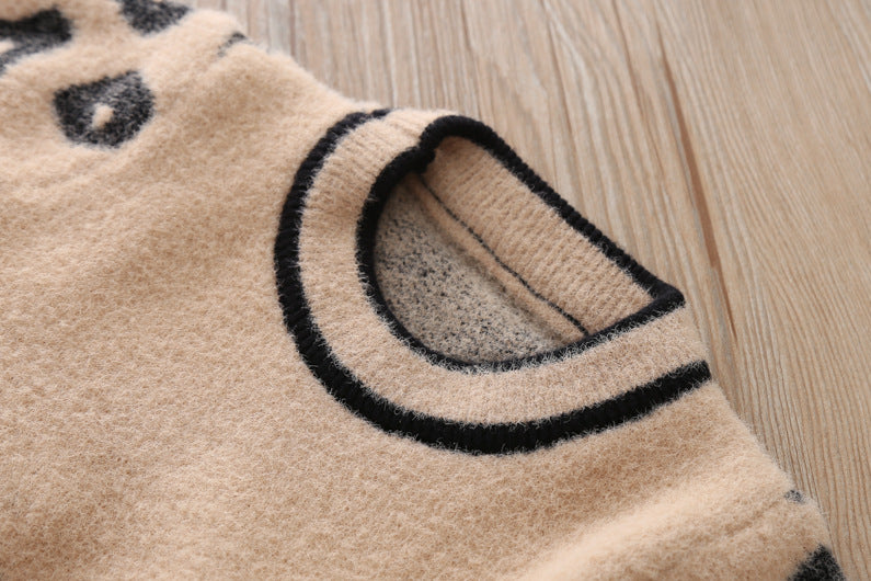 Baby Girl Flounced Solid Warm Leopard Brown Dress