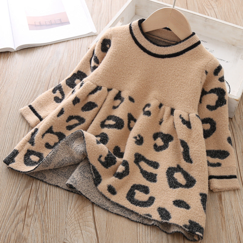Baby Girl Flounced Solid Warm Leopard Brown Dress