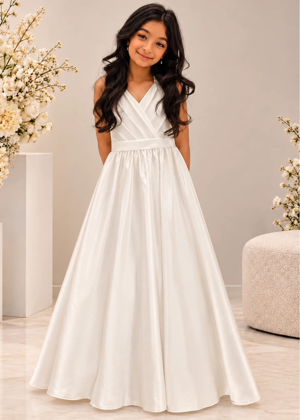 Girl Dress Ivory -Straps Back Satin Dress