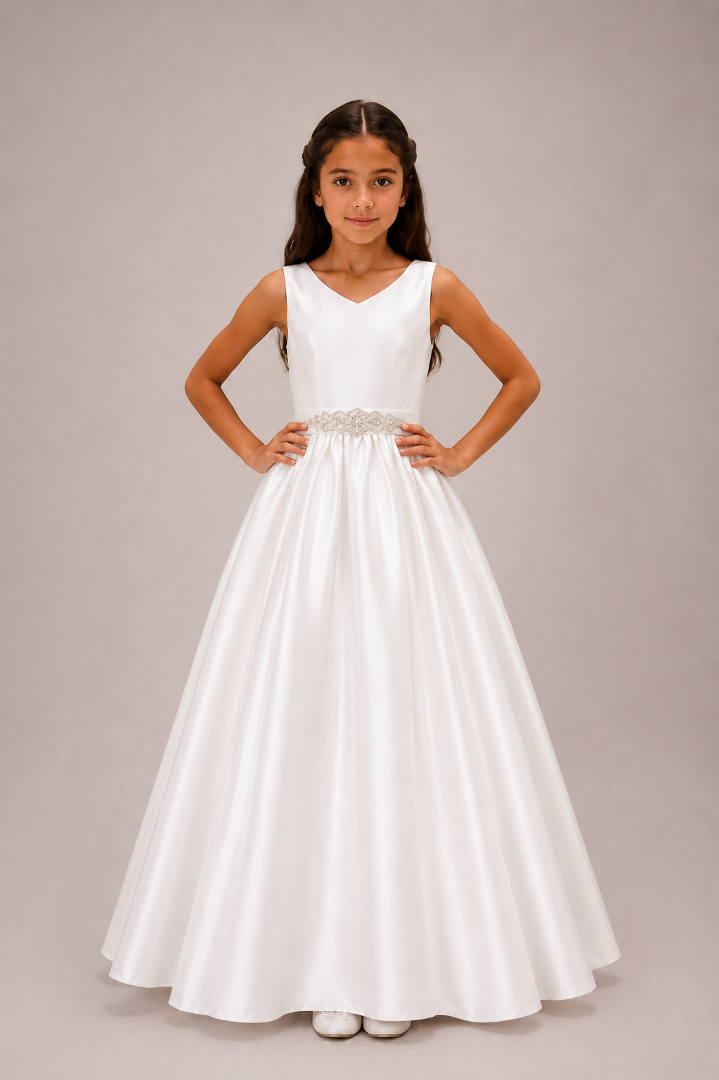 Girls Full Length Satin Dress - Sleeveless