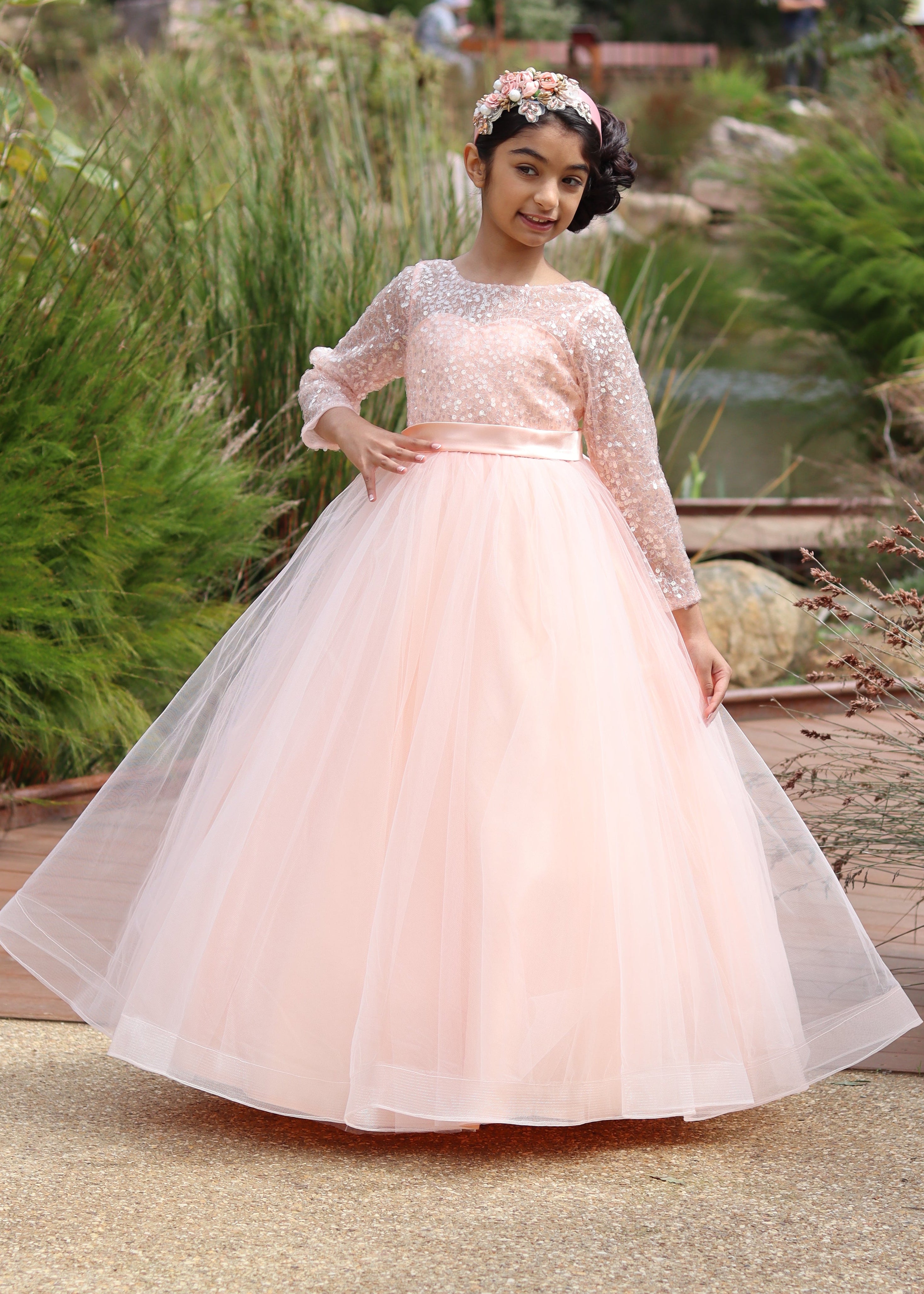 Girls Full Sleeve Flower Girl Dress - Peach Gown