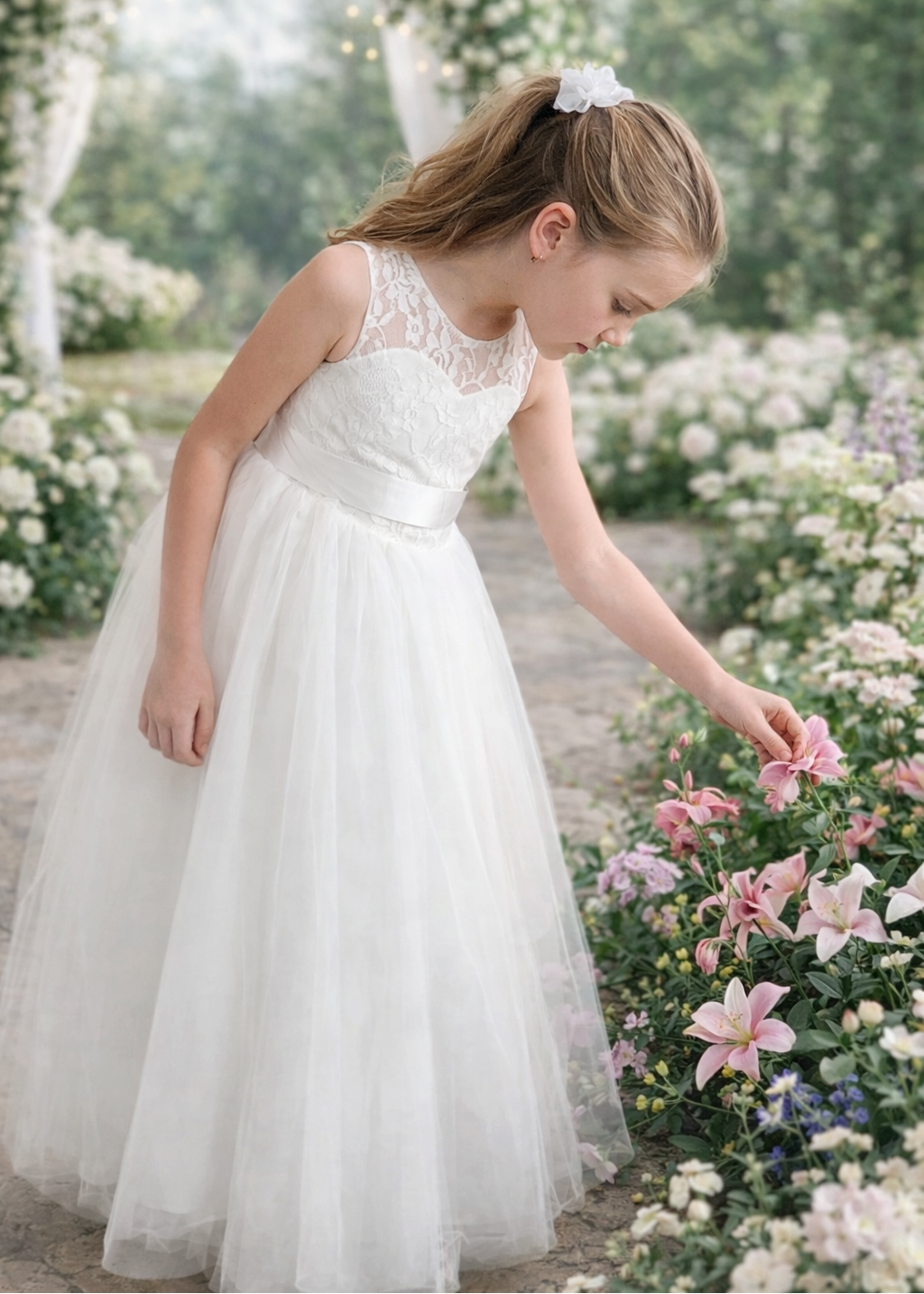 Girls Lace Tulle Flower Girl Dress - Full Length Dress