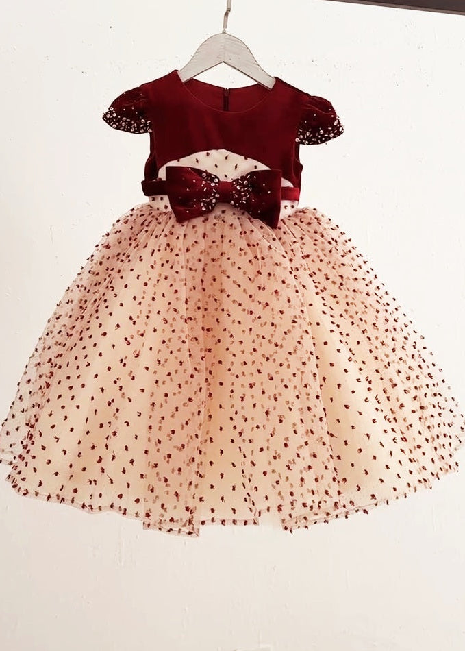 Cap Sleeves Maroon Gold Dress