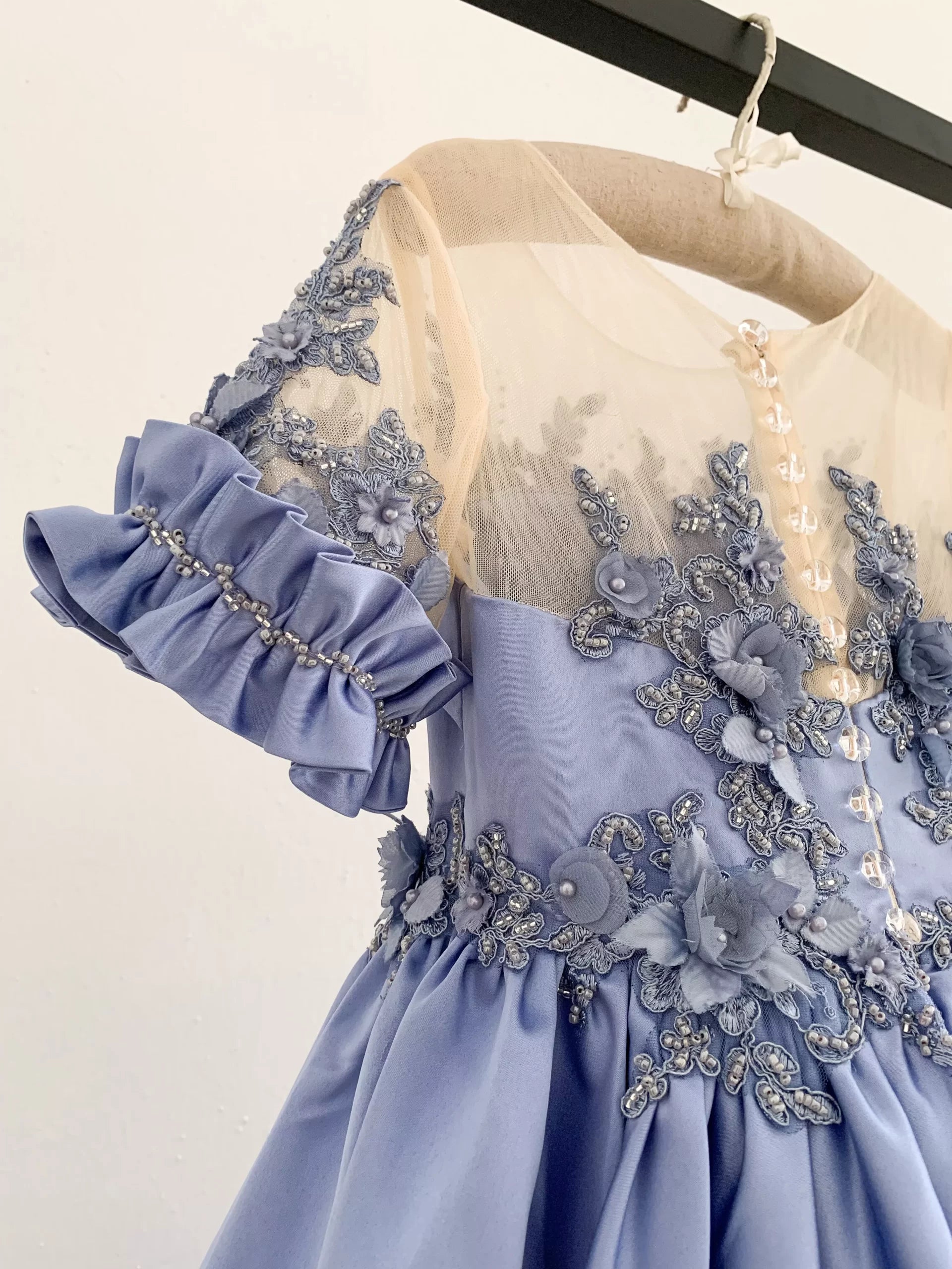 Made To Order - Luxury Handmade Blue Short Sleeves Satin Beaded 3D Lace Wedding Flower Girl Dress