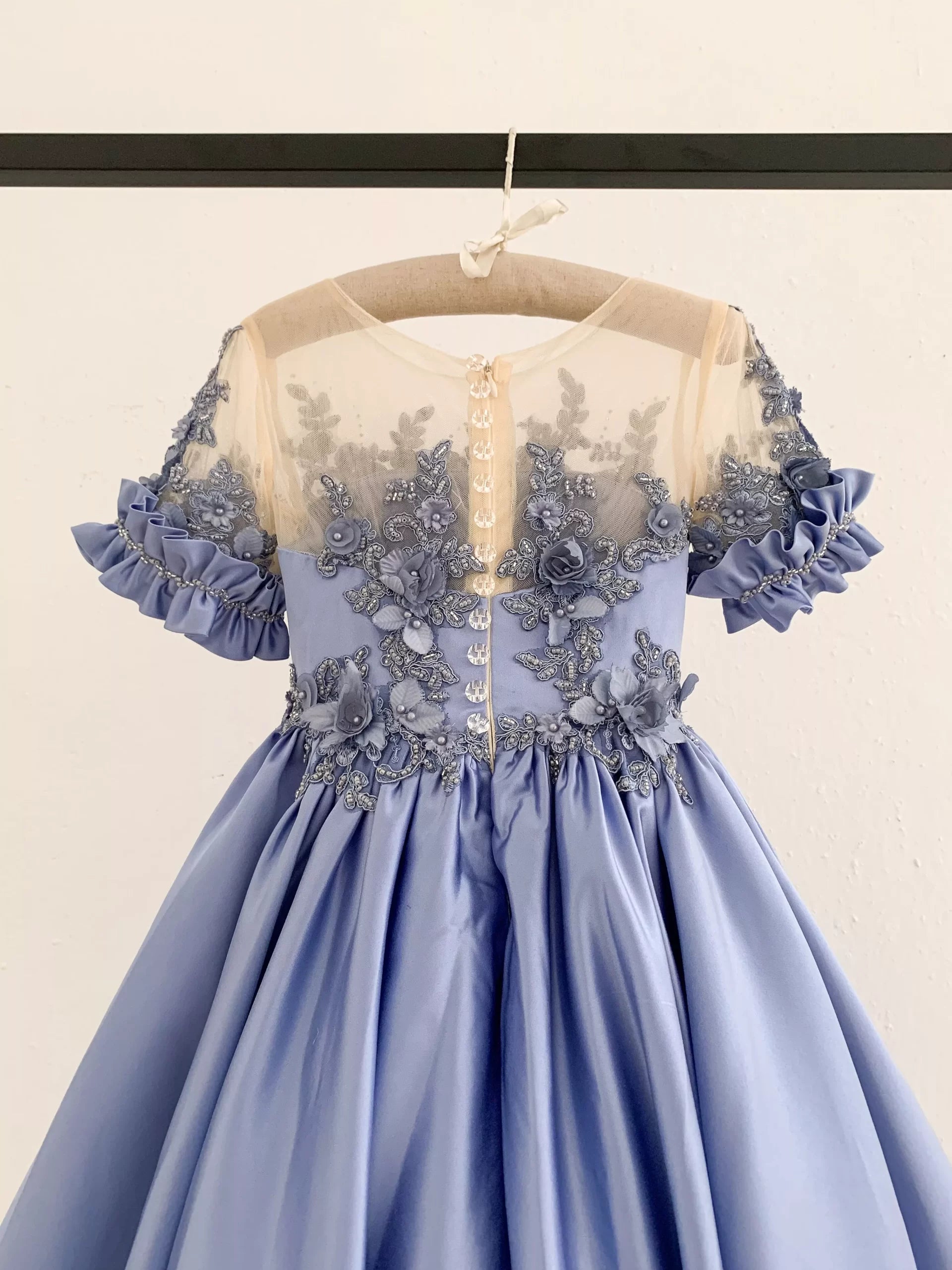 Made To Order - Luxury Handmade Blue Short Sleeves Satin Beaded 3D Lace Wedding Flower Girl Dress