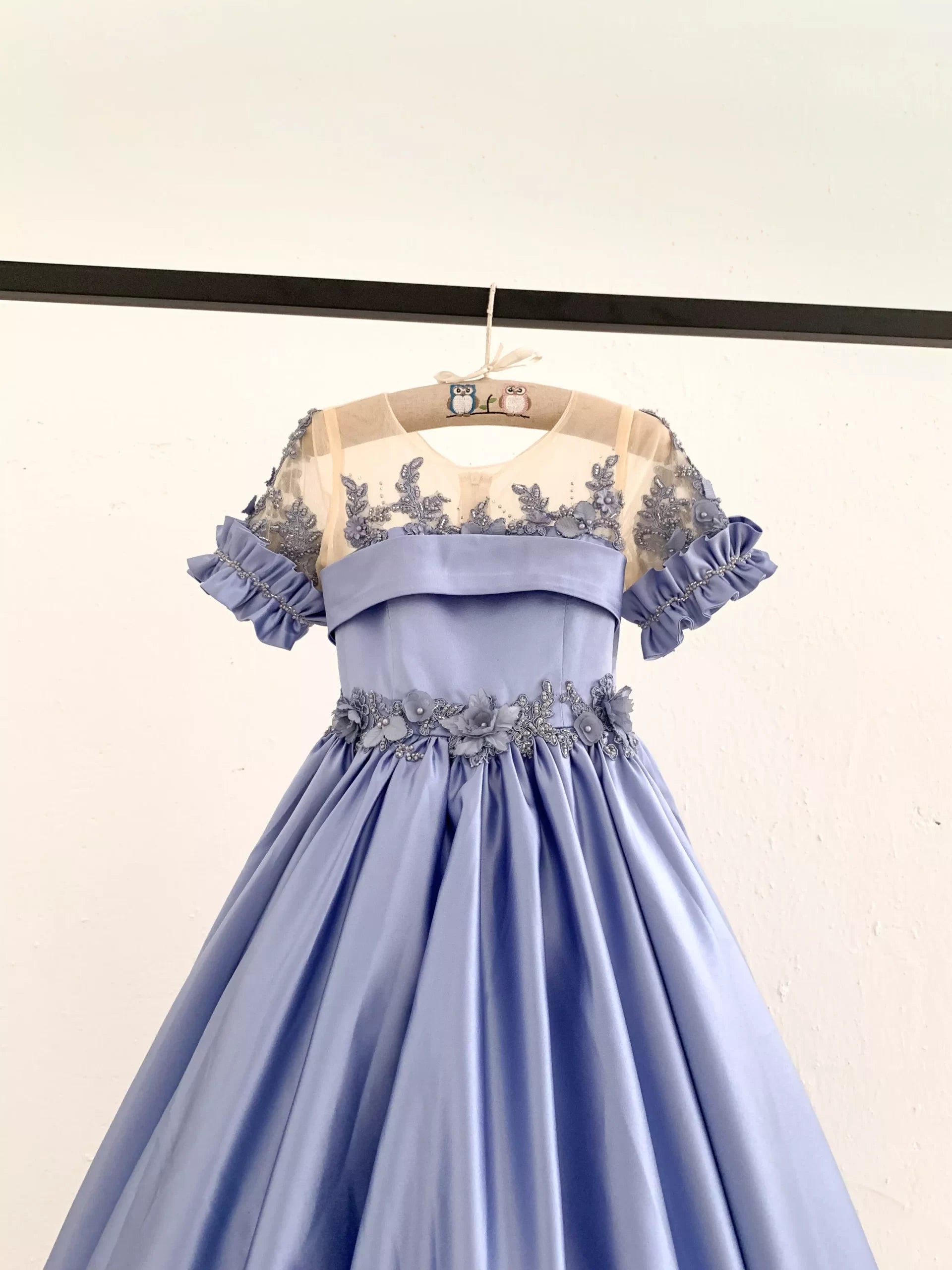 Made To Order - Luxury Handmade Blue Short Sleeves Satin Beaded 3D Lace Wedding Flower Girl Dress