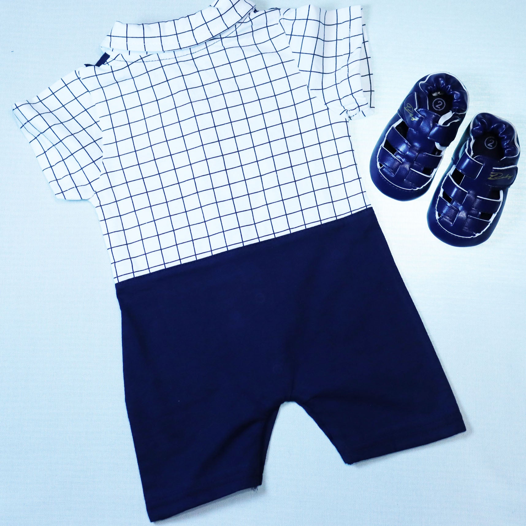 Summer Short Sleeve High Quality Baby Romper - White & Blue