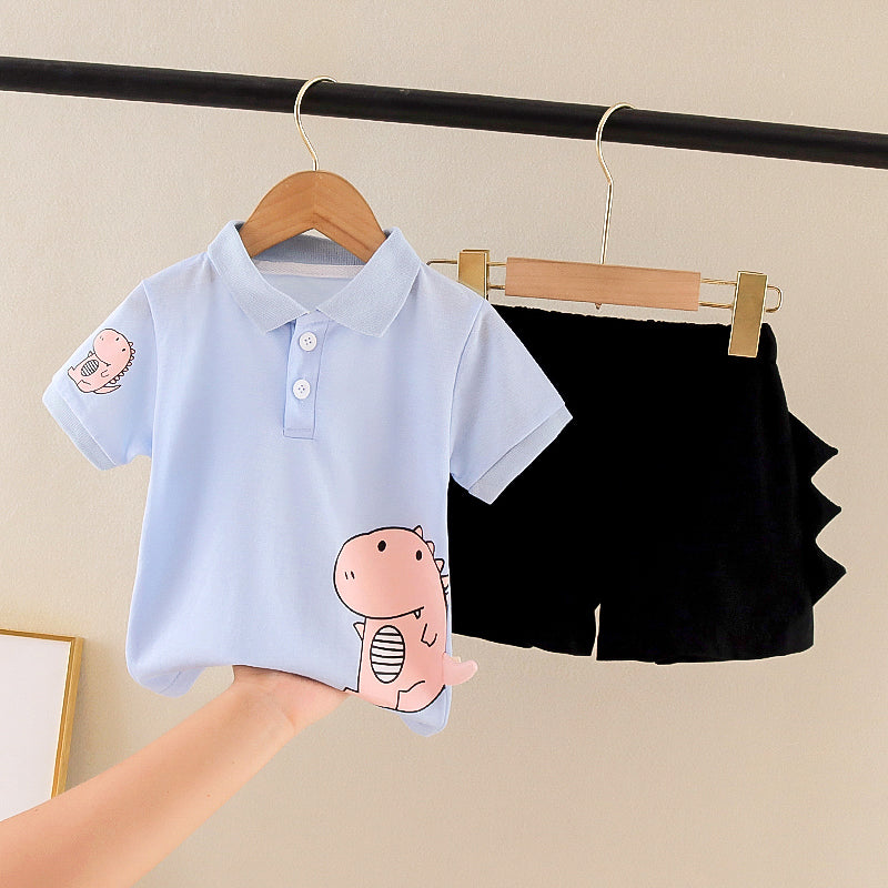 Boys 100% Cotton Dino Print Blue Polo Black Shorts 2pcs Set