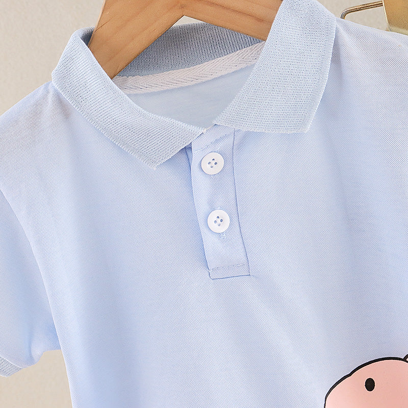 Boys 100% Cotton Dino Print Blue Polo Black Shorts 2pcs Set