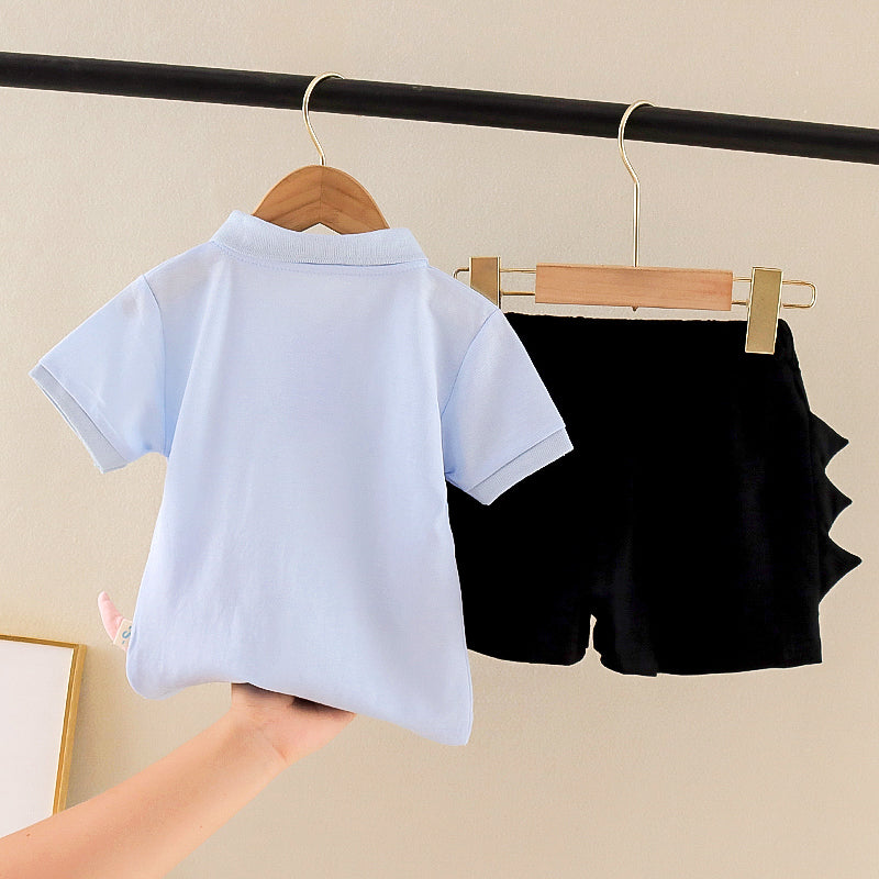 Boys 100% Cotton Dino Print Blue Polo Black Shorts 2pcs Set