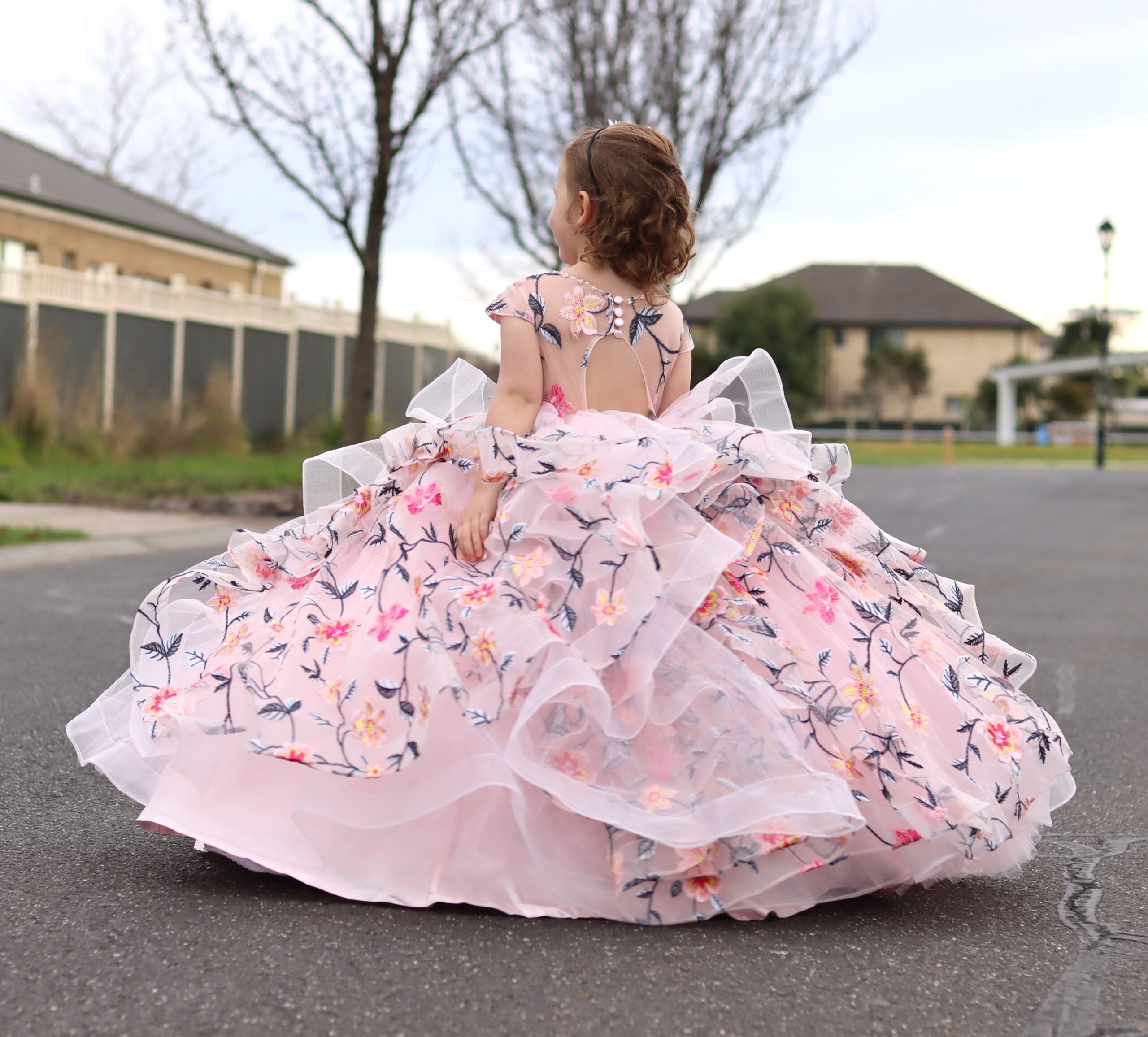 Luxury Handmade Formal Full Flared Embroidered Princess Pink Gown