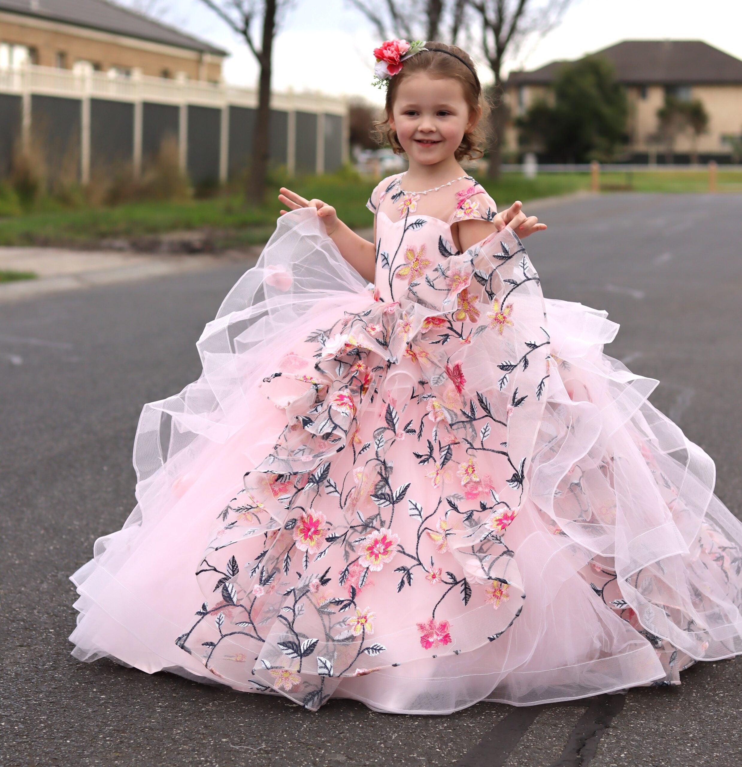 Luxury Handmade Formal Full Flared Embroidered Princess Pink Gown