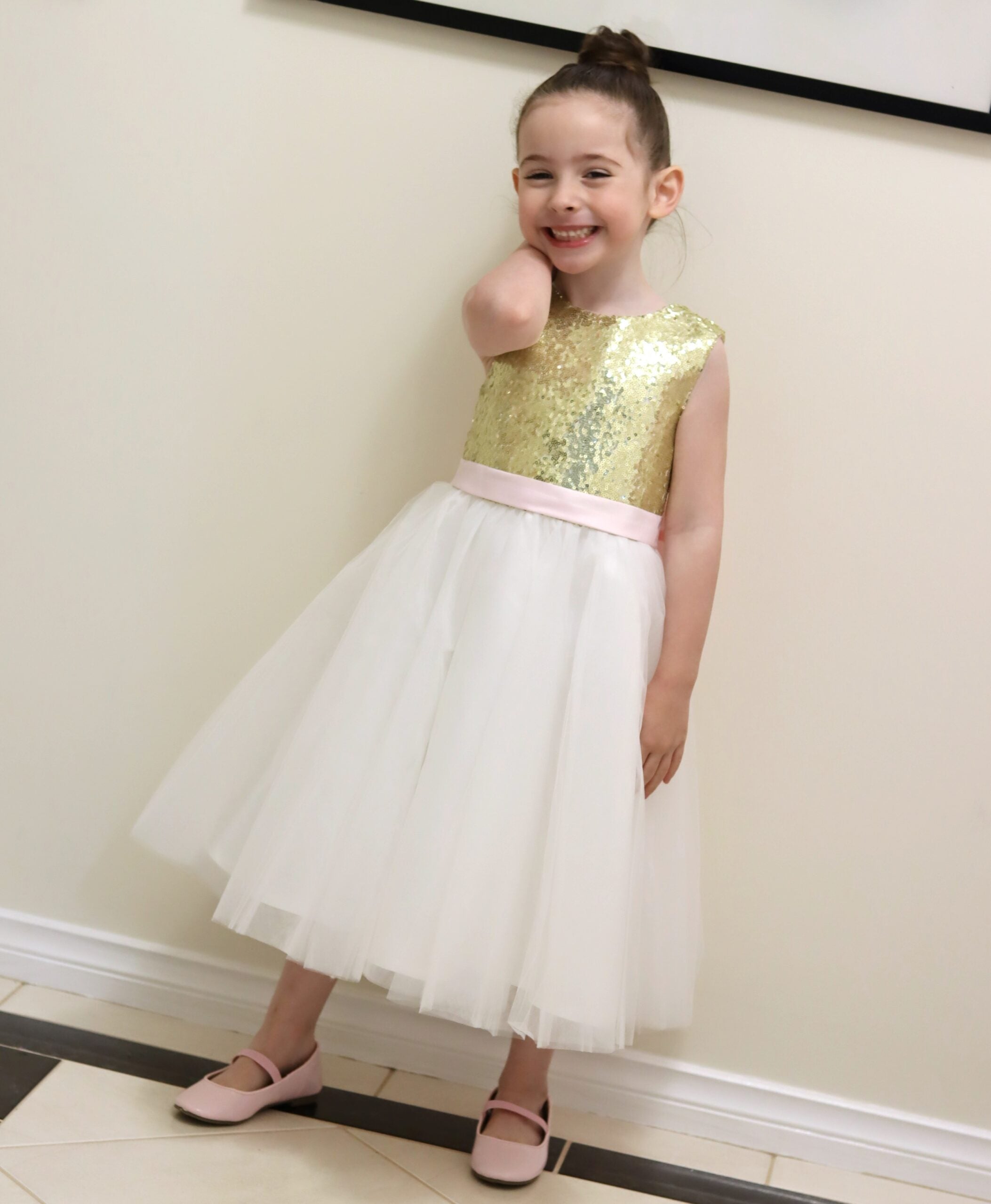 White/Gold Sequin Dress With Big Pink Bow