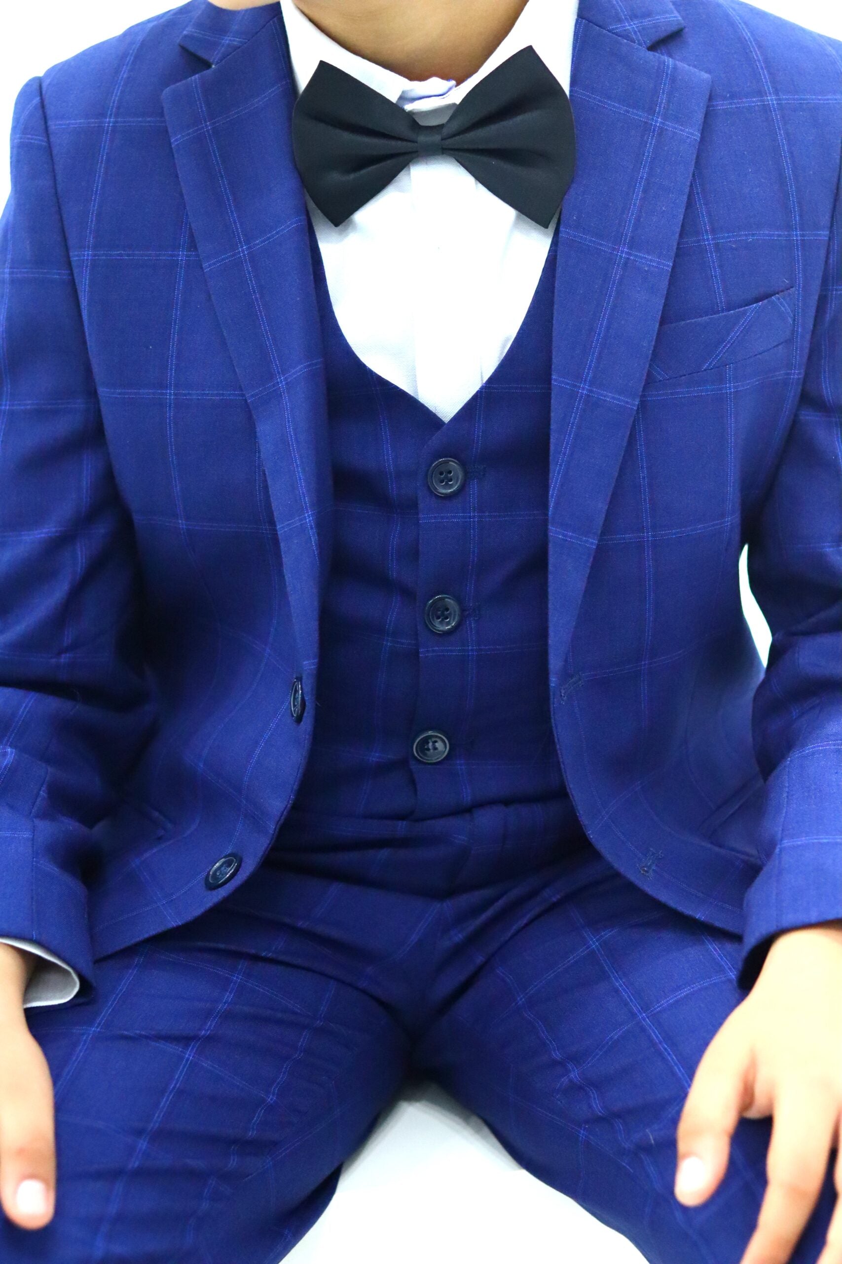 Boys Formal Slim Fit Check Navy Suit 3Pc Set