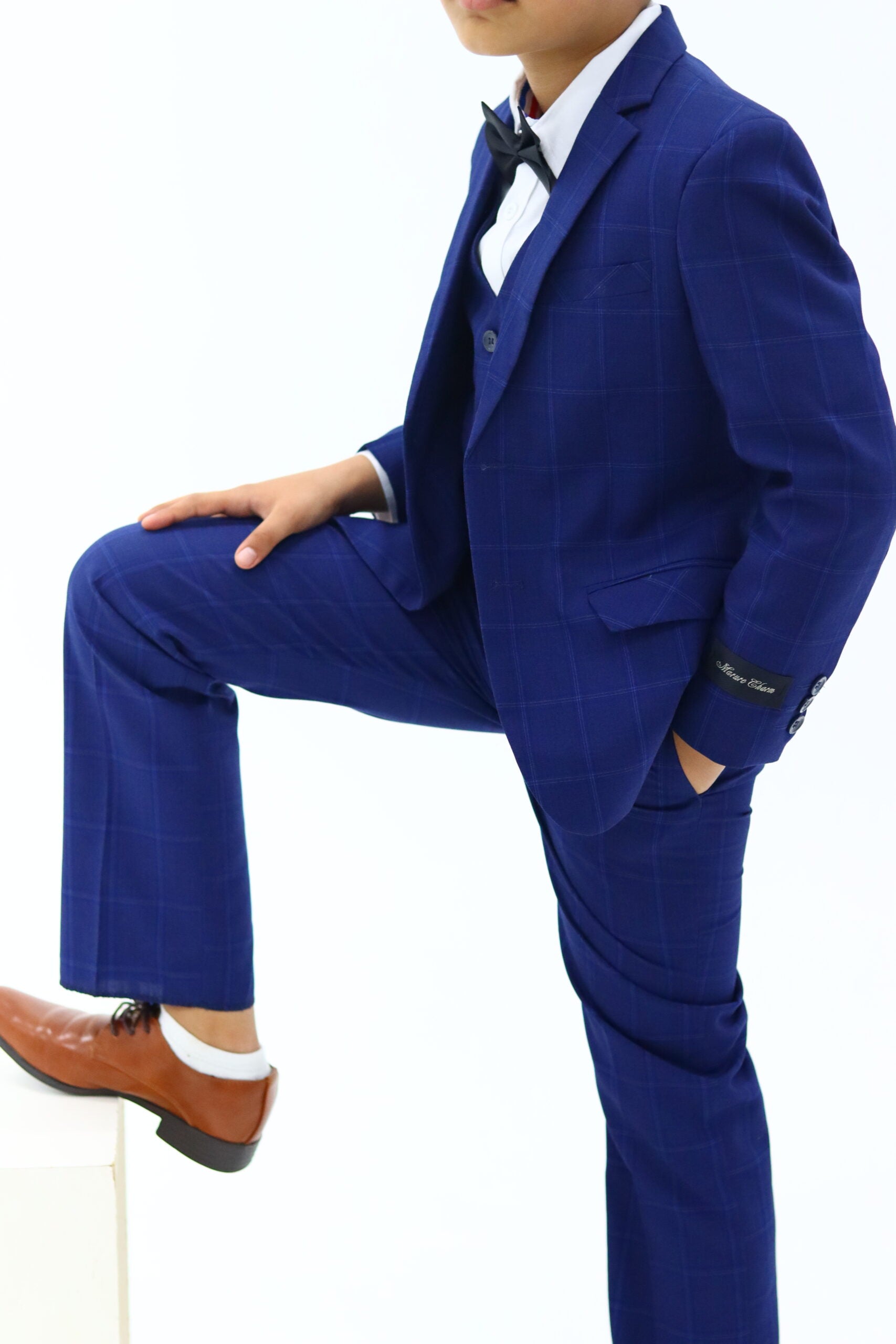 Boys Formal Slim Fit Check Navy Suit 3Pc Set
