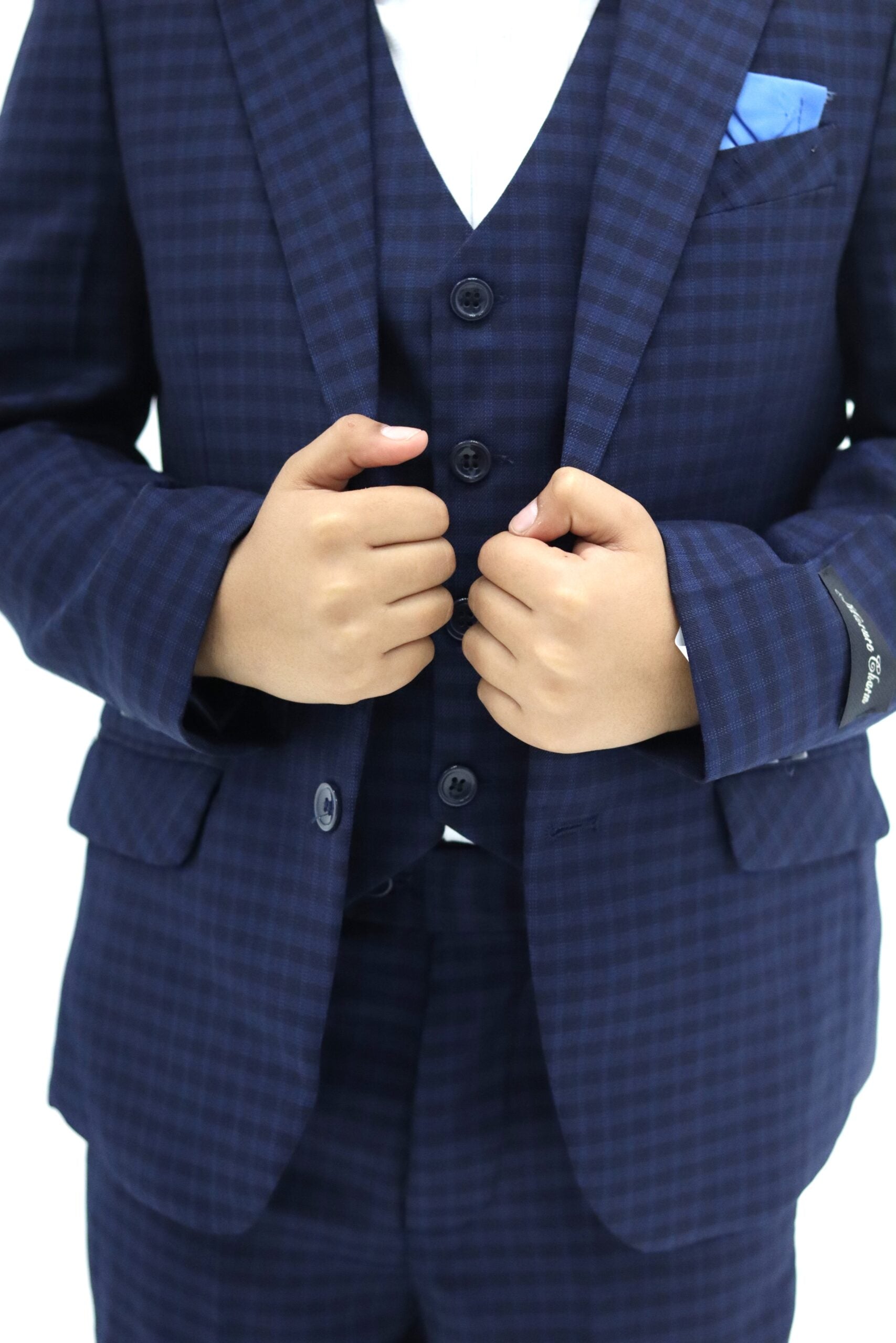 Boys Suit - Small Check Navy Blue Suit 3pcs set