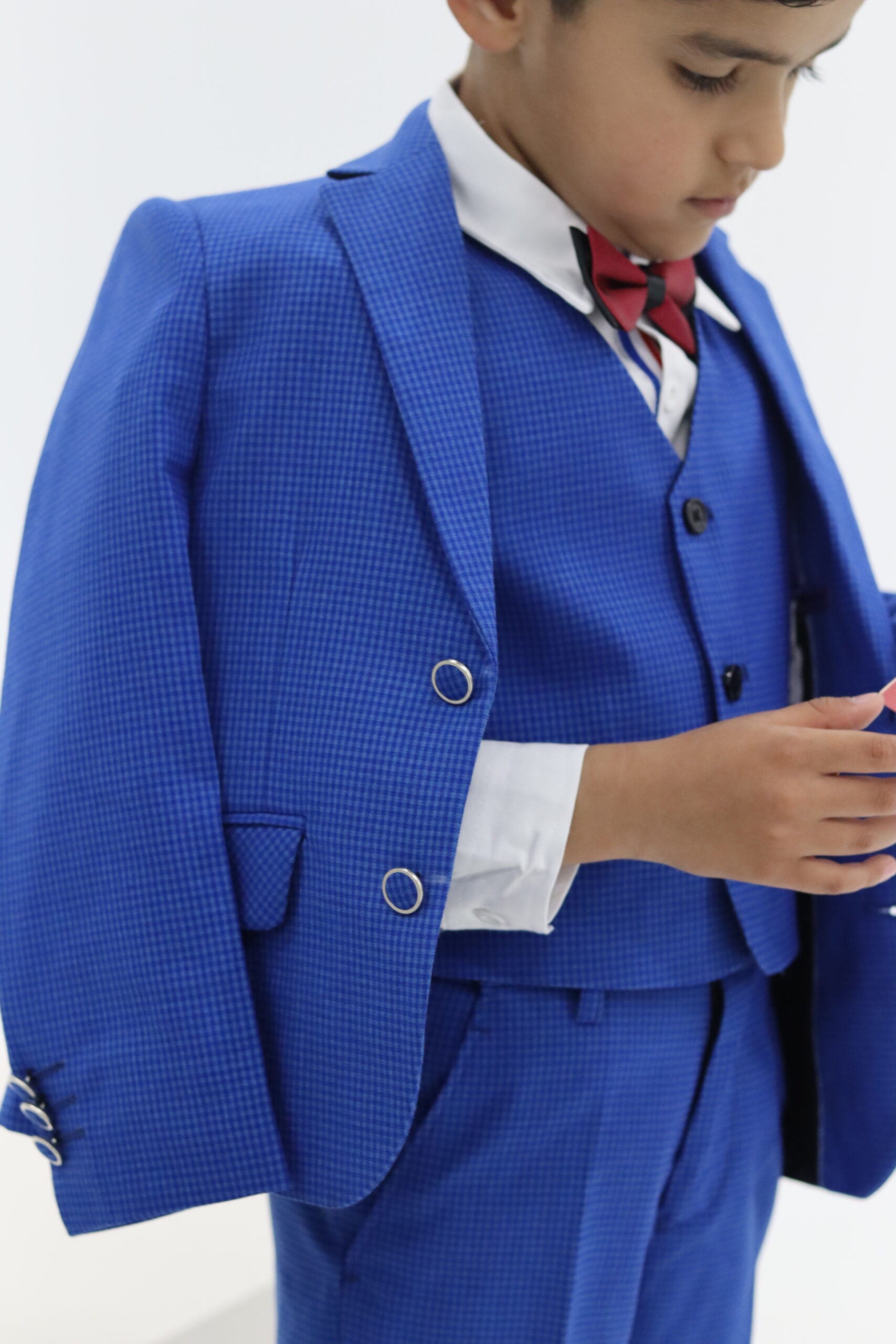 Boys Blue Suit - Slim Fit Small Check Suit 3pcs Set
