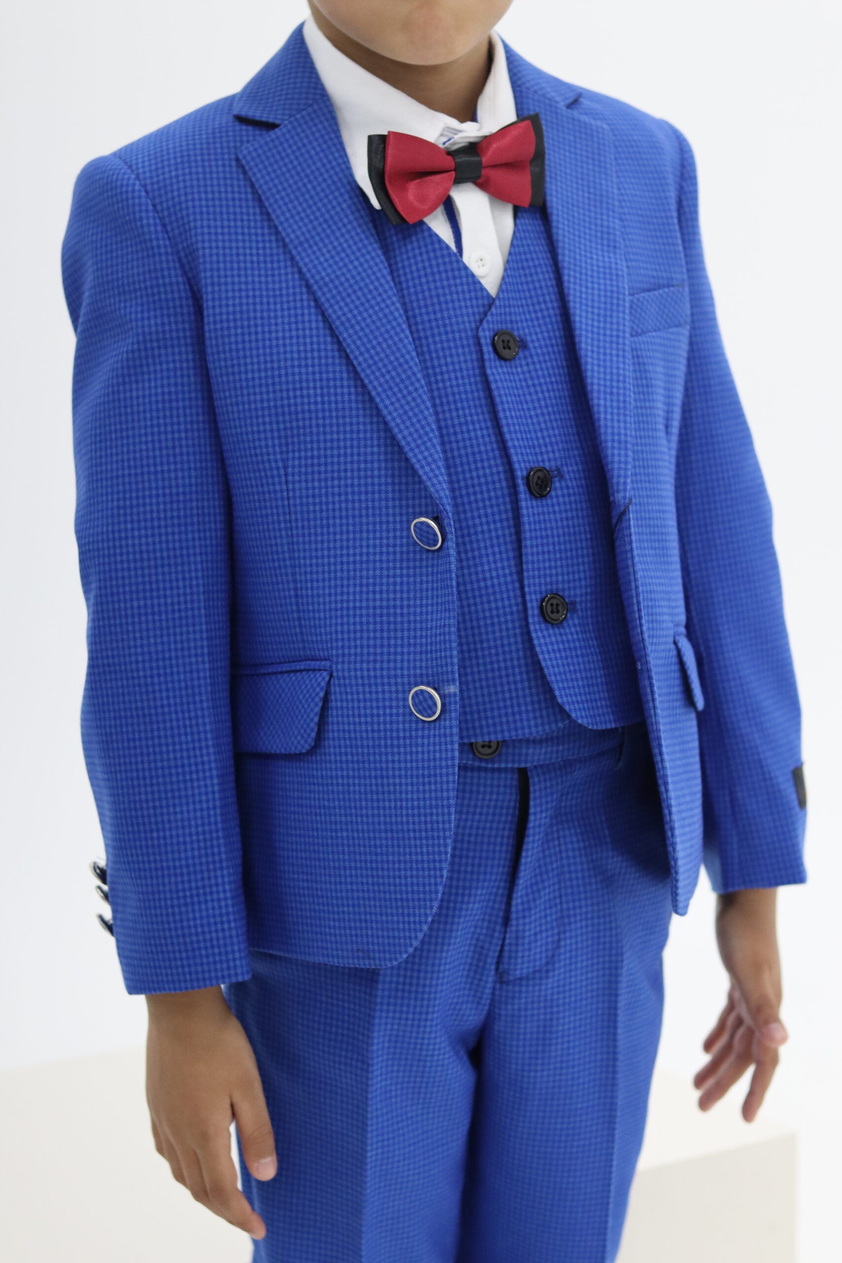 Boys Blue Suit - Slim Fit Small Check Suit 3pcs Set