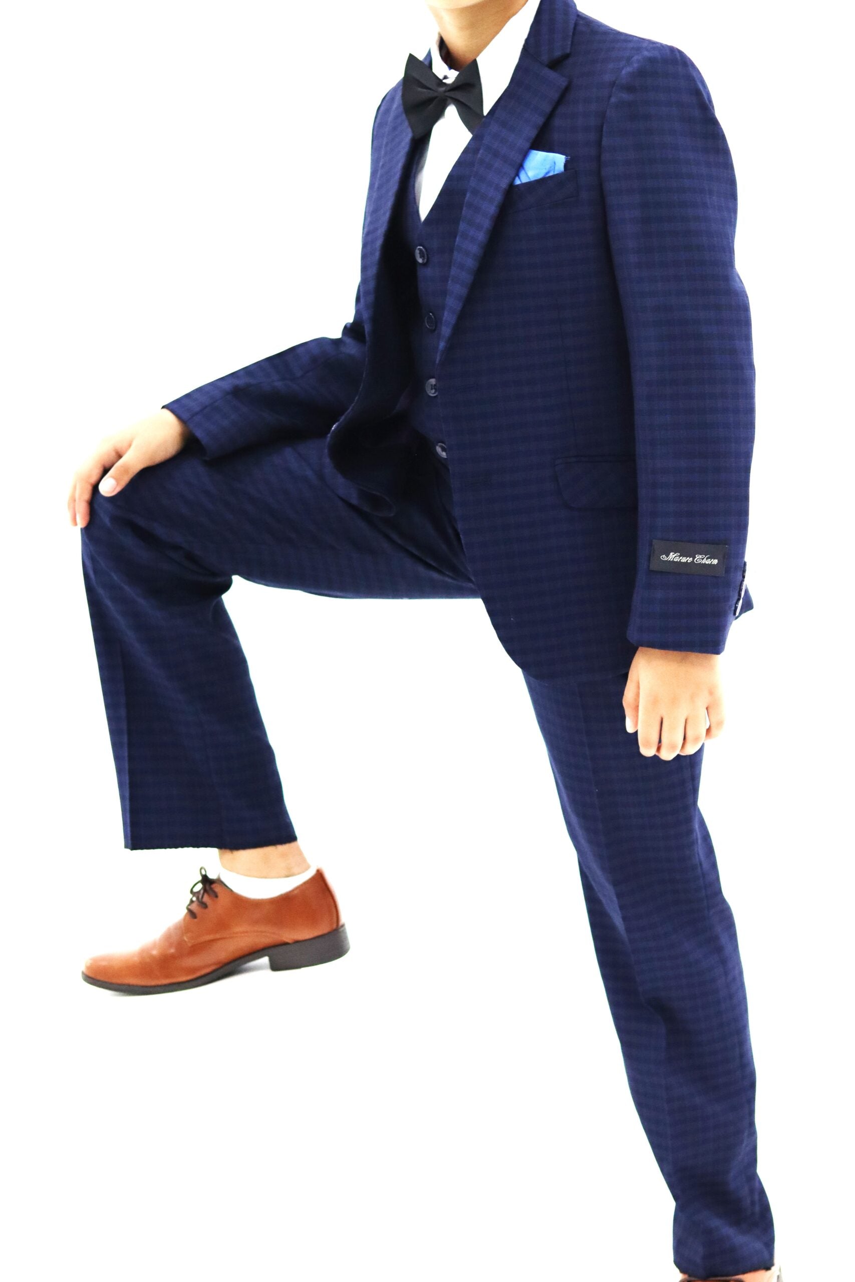 Boys Suit - Small Check Navy Blue Suit 3pcs set