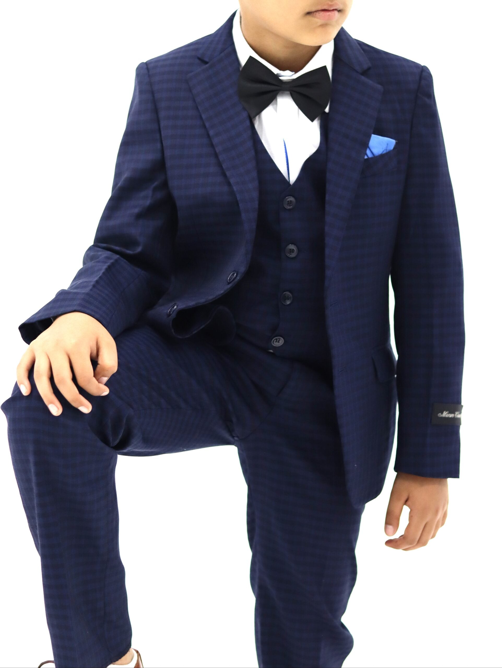 Boys Suit - Small Check Navy Blue Suit 3pcs set