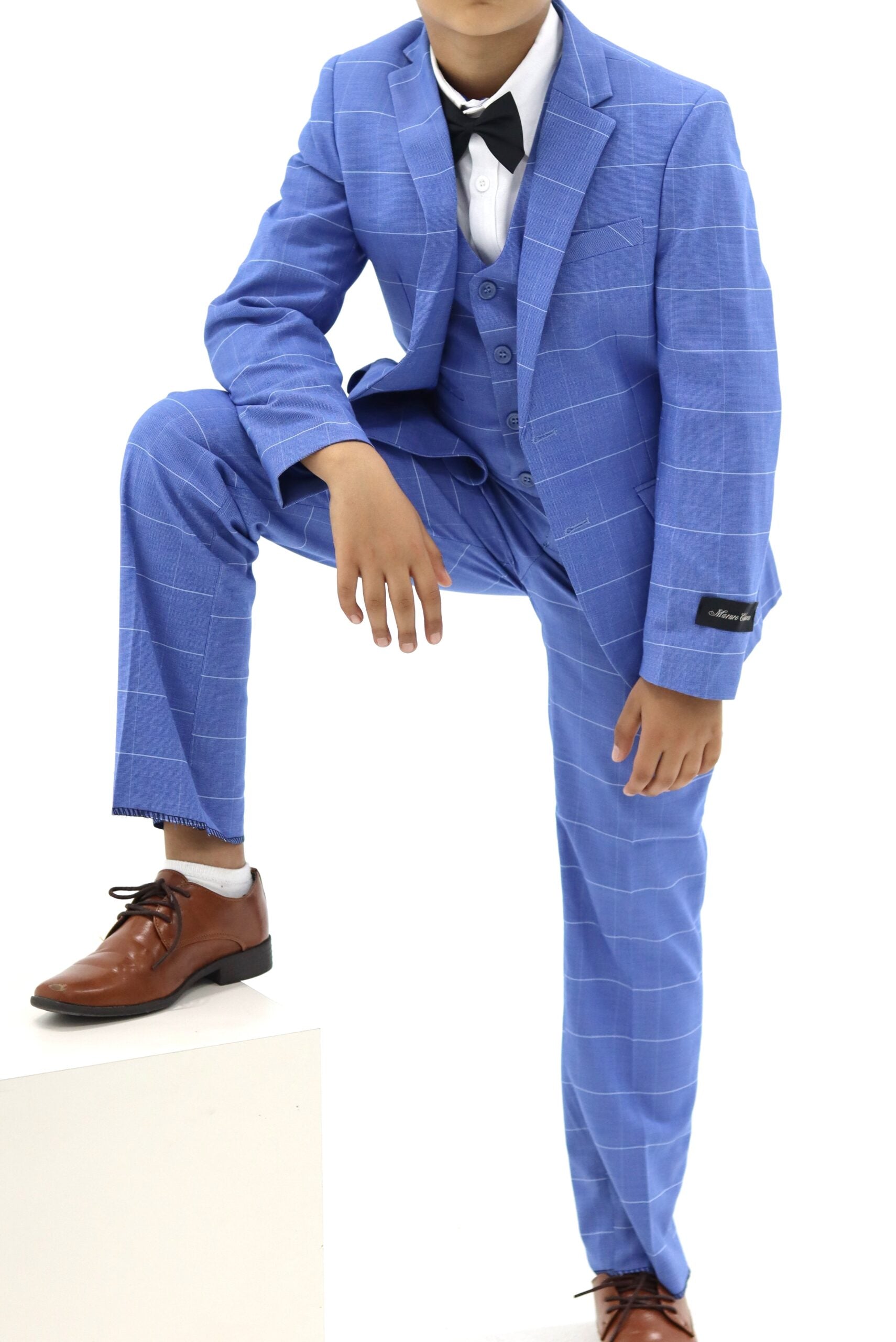 Boys Blue Suit - Slim Fit Check Suit 3pcs Set