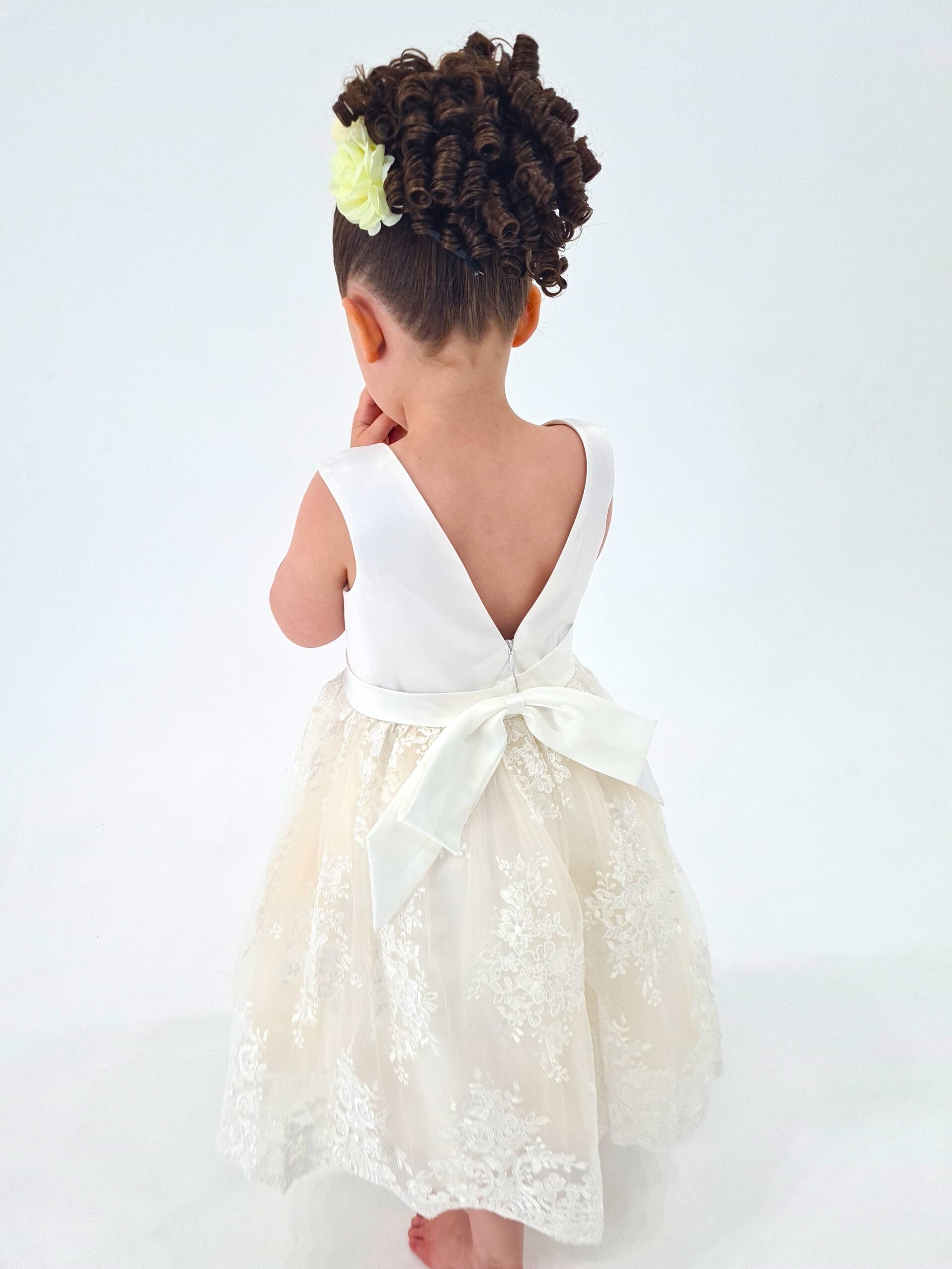Girls Formal Embroidered Lace Satin Ivory Dress