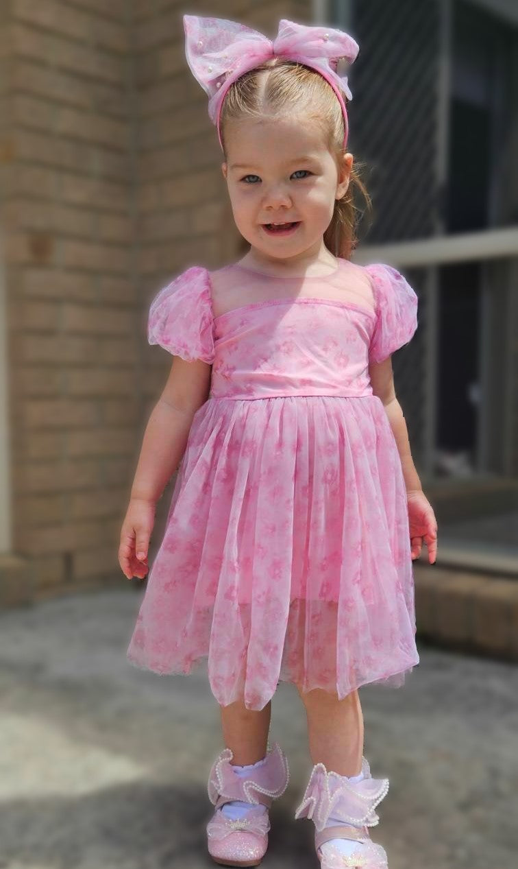 Girls Pink Dress With Headband - Flower Print
