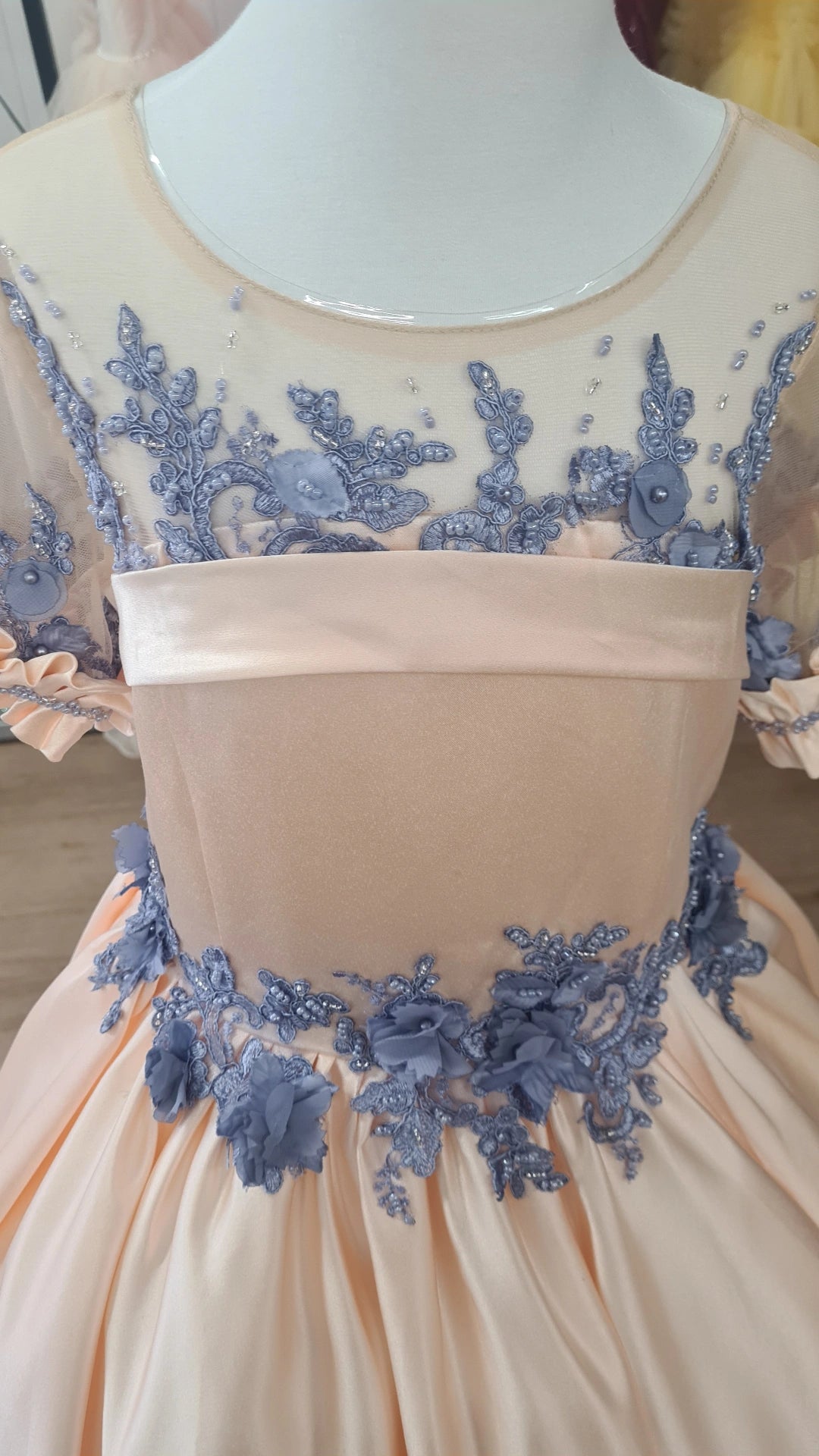 Made To Order - Luxury Handmade Short Sleeves Satin Beaded 3D Lace Wedding Flower Girl Dress