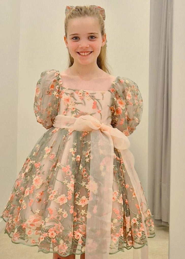 Pink Green Floral Lace Dress for Girls