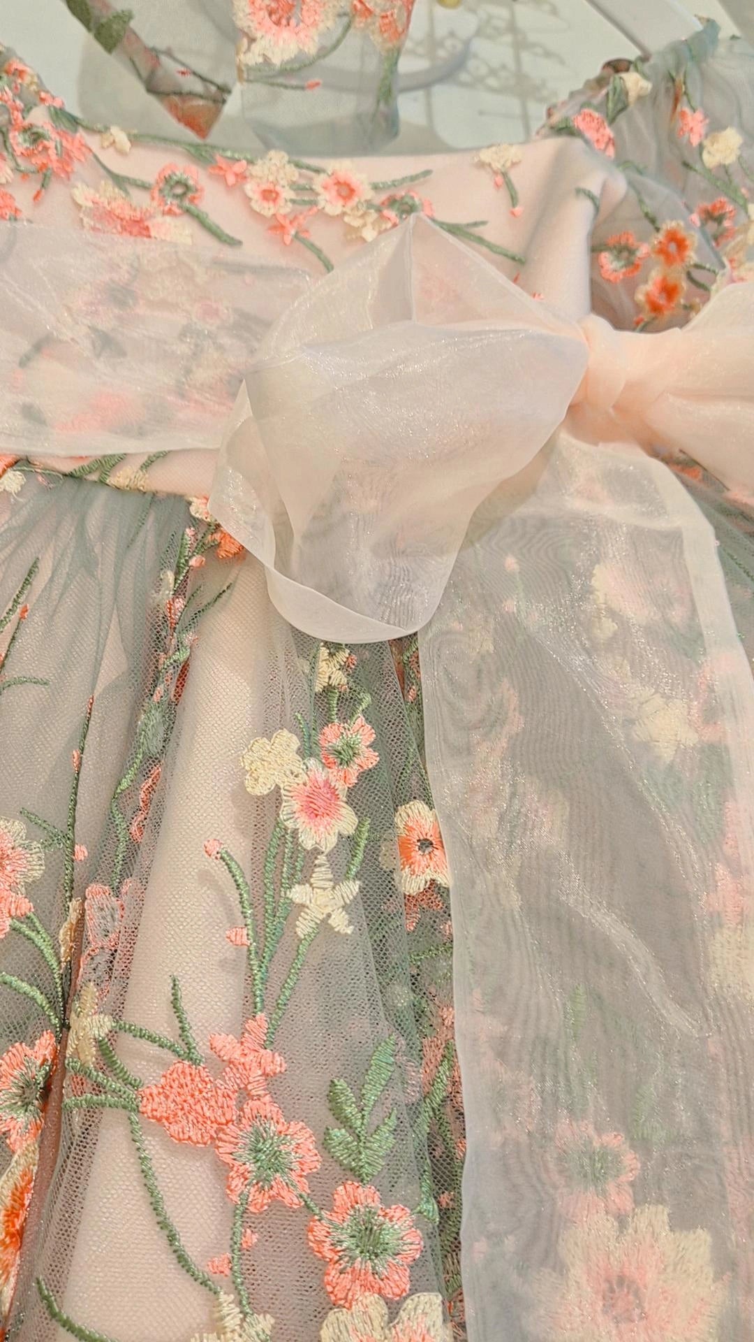 Pink Green Floral Lace Dress for Girls