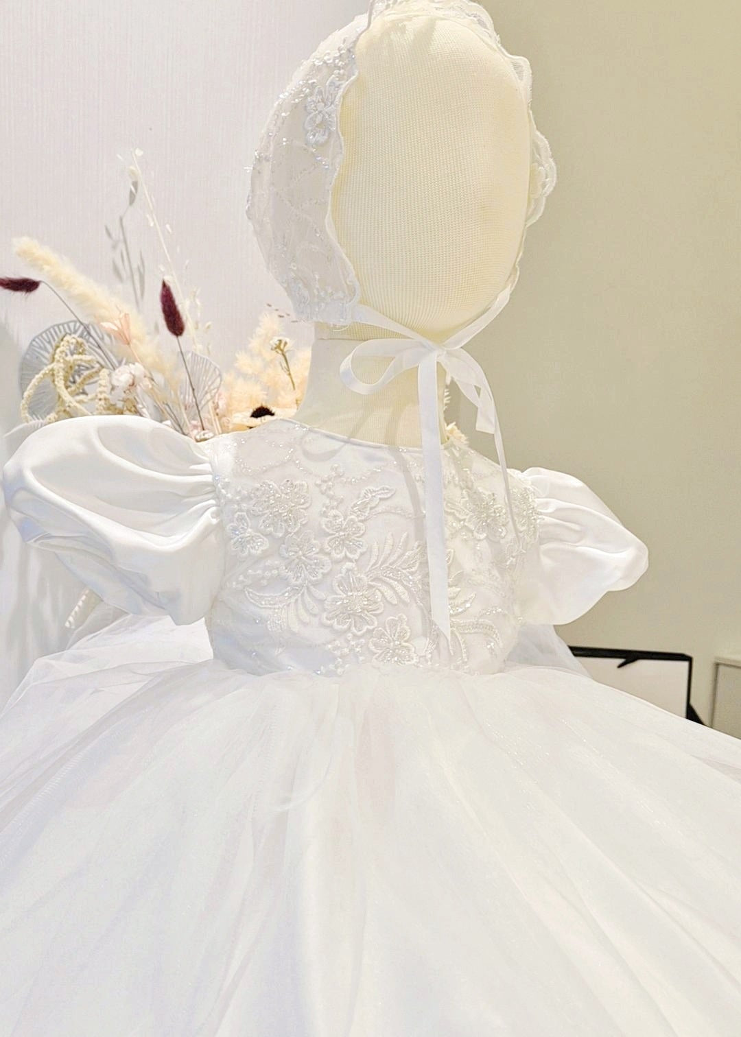 Baby Girl Beaded Lace With Tulle Skirt Christening Gown Set