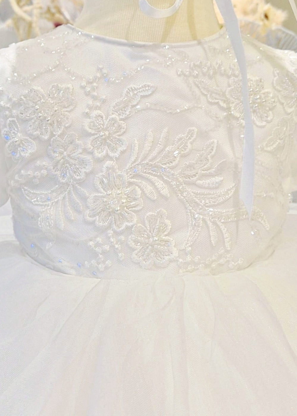 Baby Girl Beaded Lace With Tulle Skirt Christening Gown Set