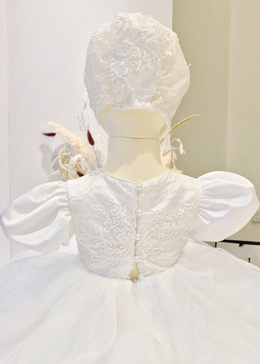 Baby Girl Beaded Lace With Tulle Skirt Christening Gown Set