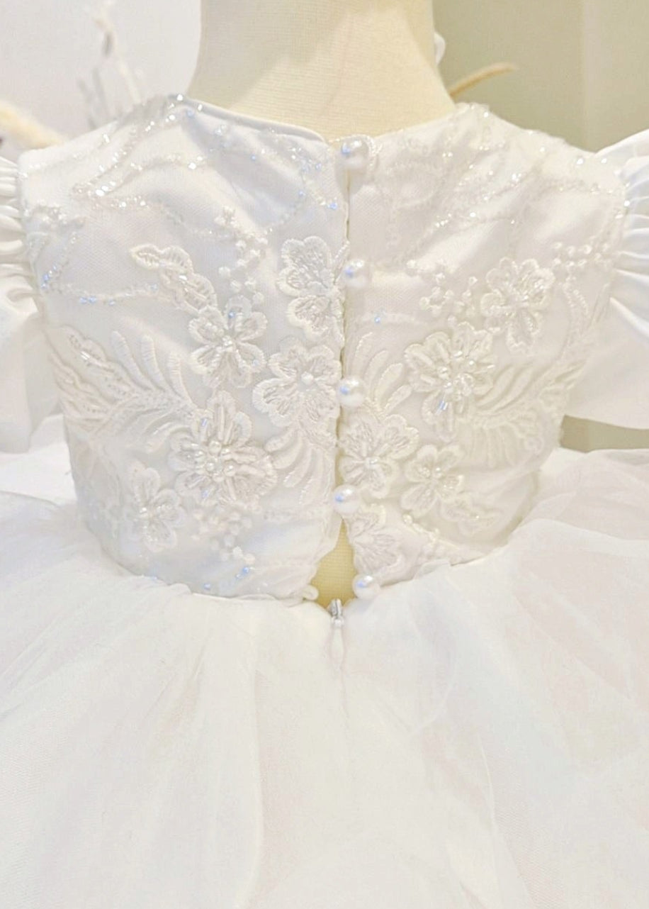 Baby Girl Beaded Lace With Tulle Skirt Christening Gown Set