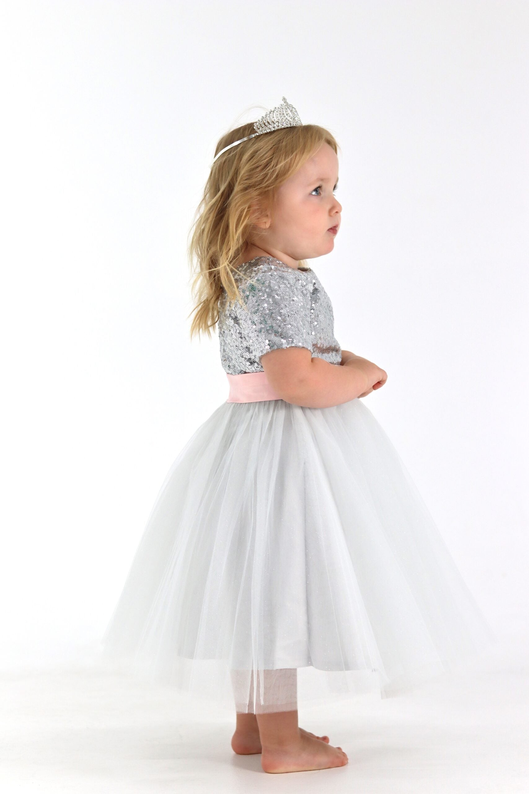 Silver Sequin Knee Length Dress With Pink Belt