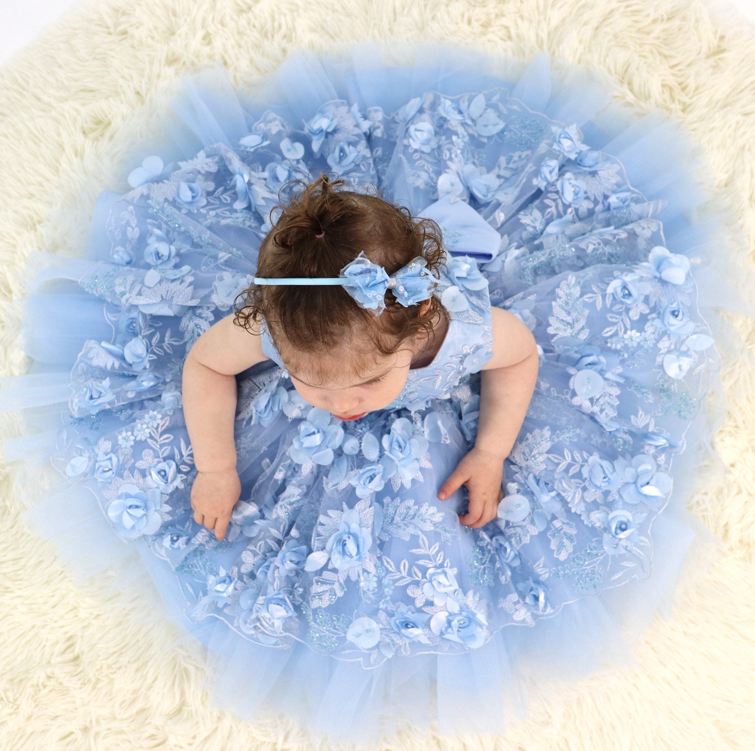 First Birthday Girls Dress - Light Blue Flared Design