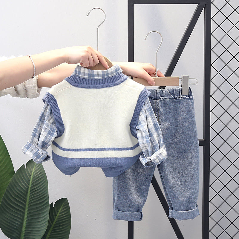 Little Boy Stylish Winter 3pc Blue Shirt Denim Sweater Set