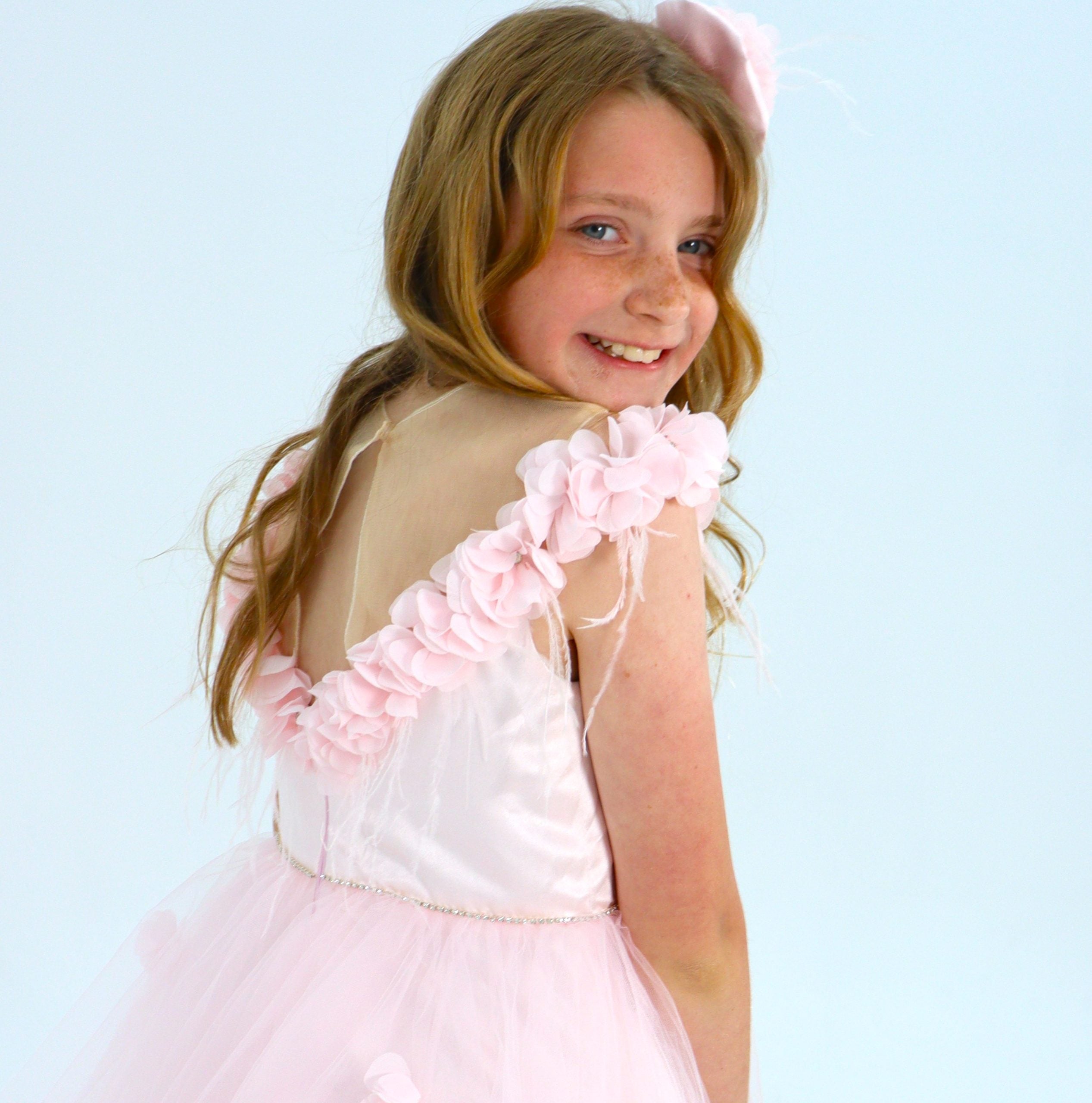 Luxury Handmade Formal Pink Flower Girl Dress With Head Piece