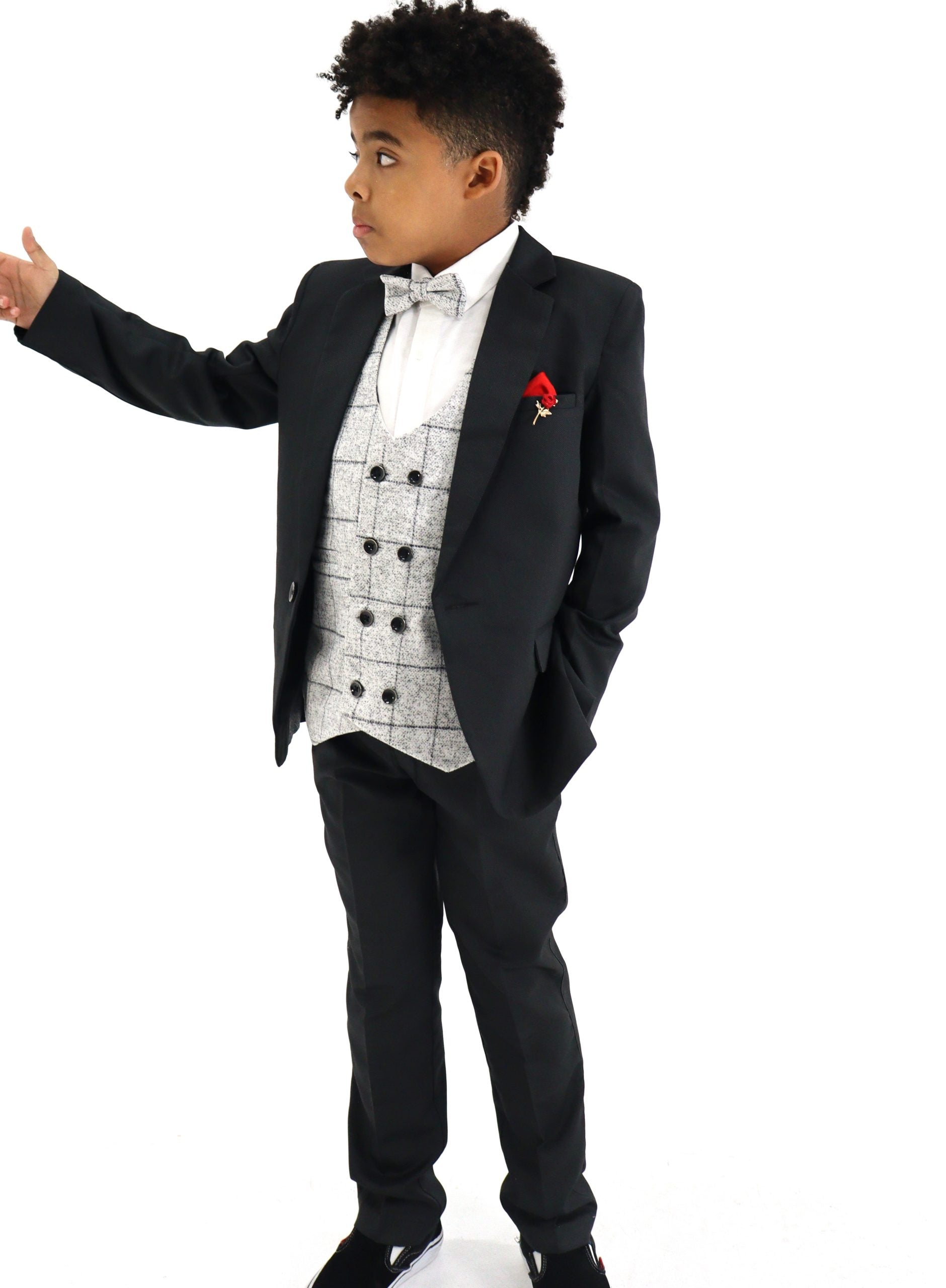 Boys Slim Fit Black Suit 5Pc Set