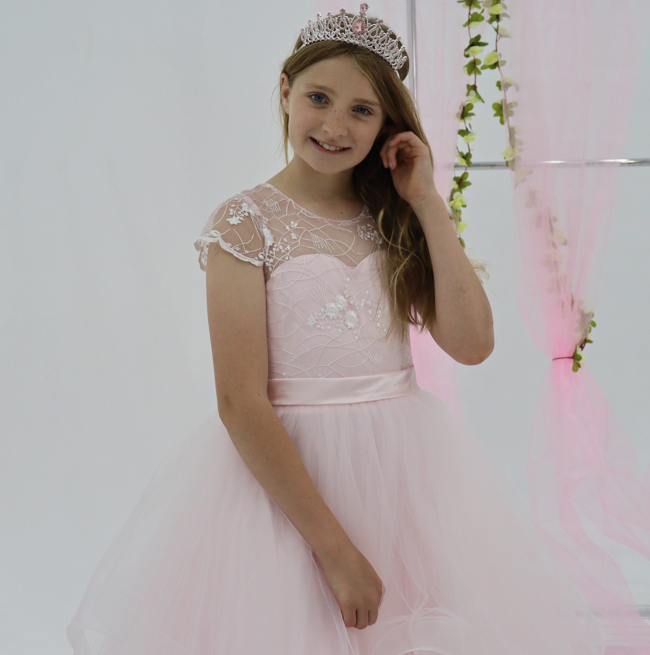 Luxury Handmade Lexi Pink Flower Girl Dress Cap Sleeves