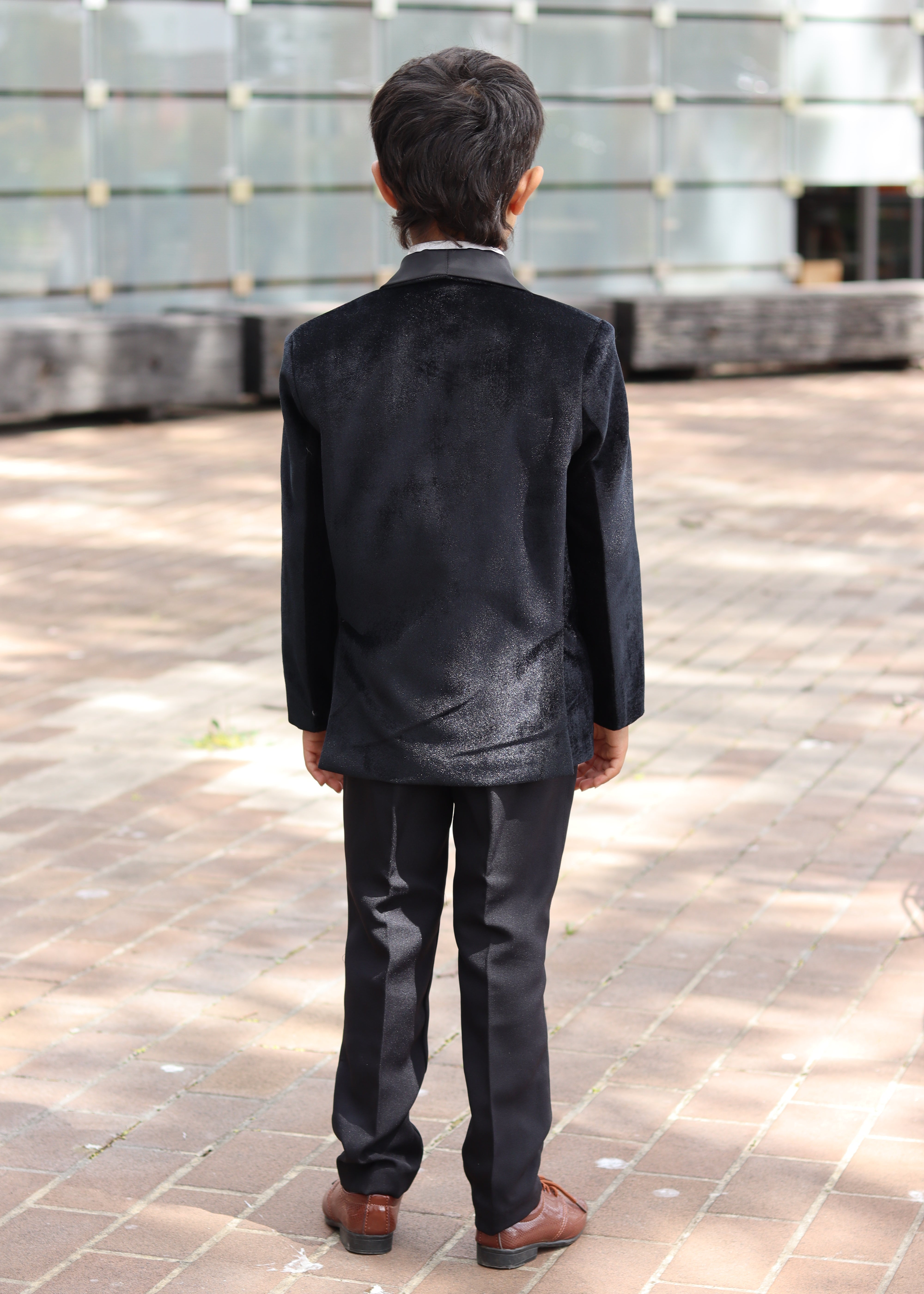 Boys Page Boy Black Tuxedo 5Pc Set - Velvet Suit