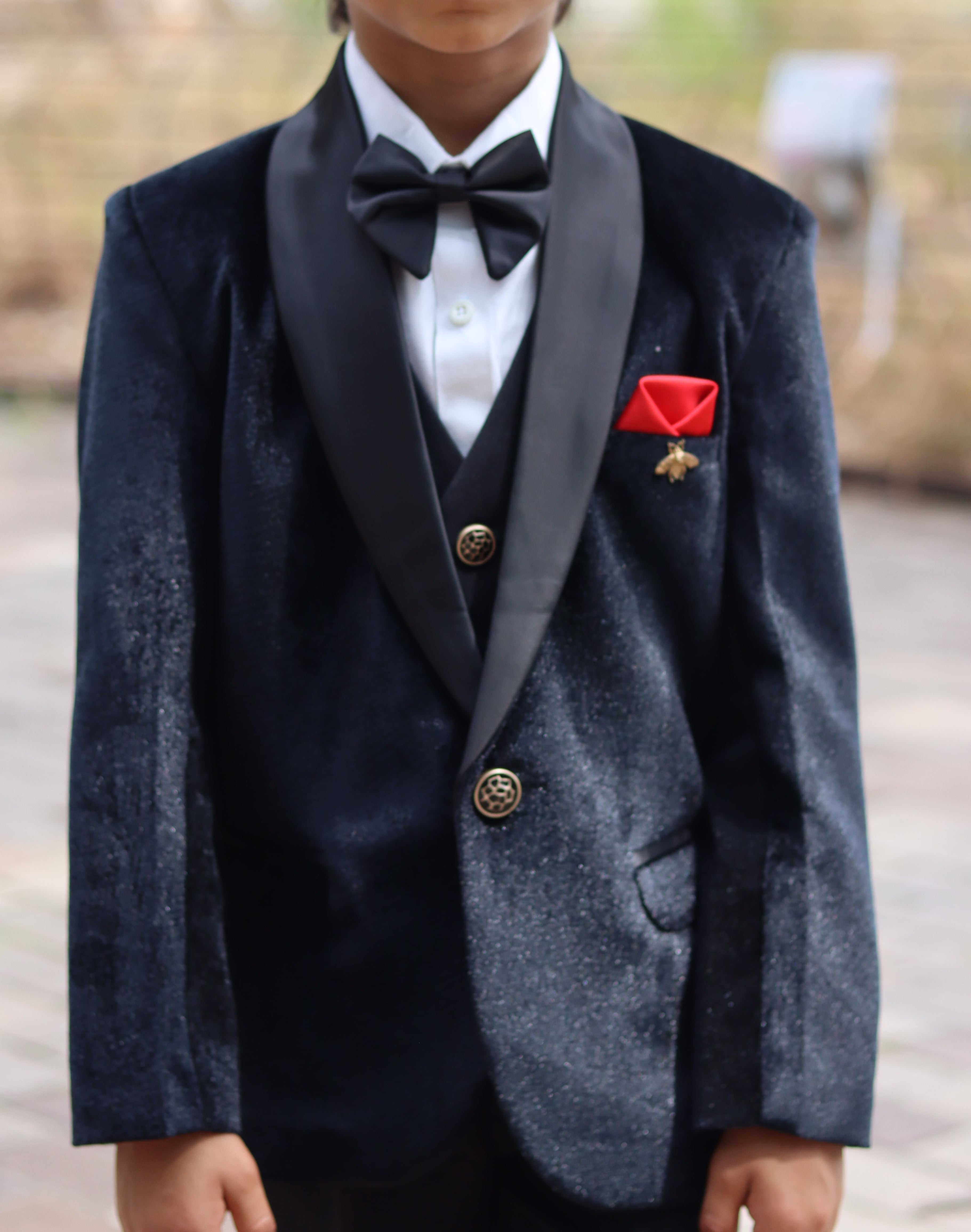 Boys Page Boy Black Tuxedo 5Pc Set - Velvet Suit